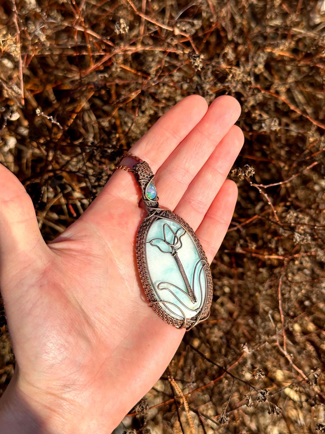 Tulip Blue Aragonite Crystal Copper Pendant