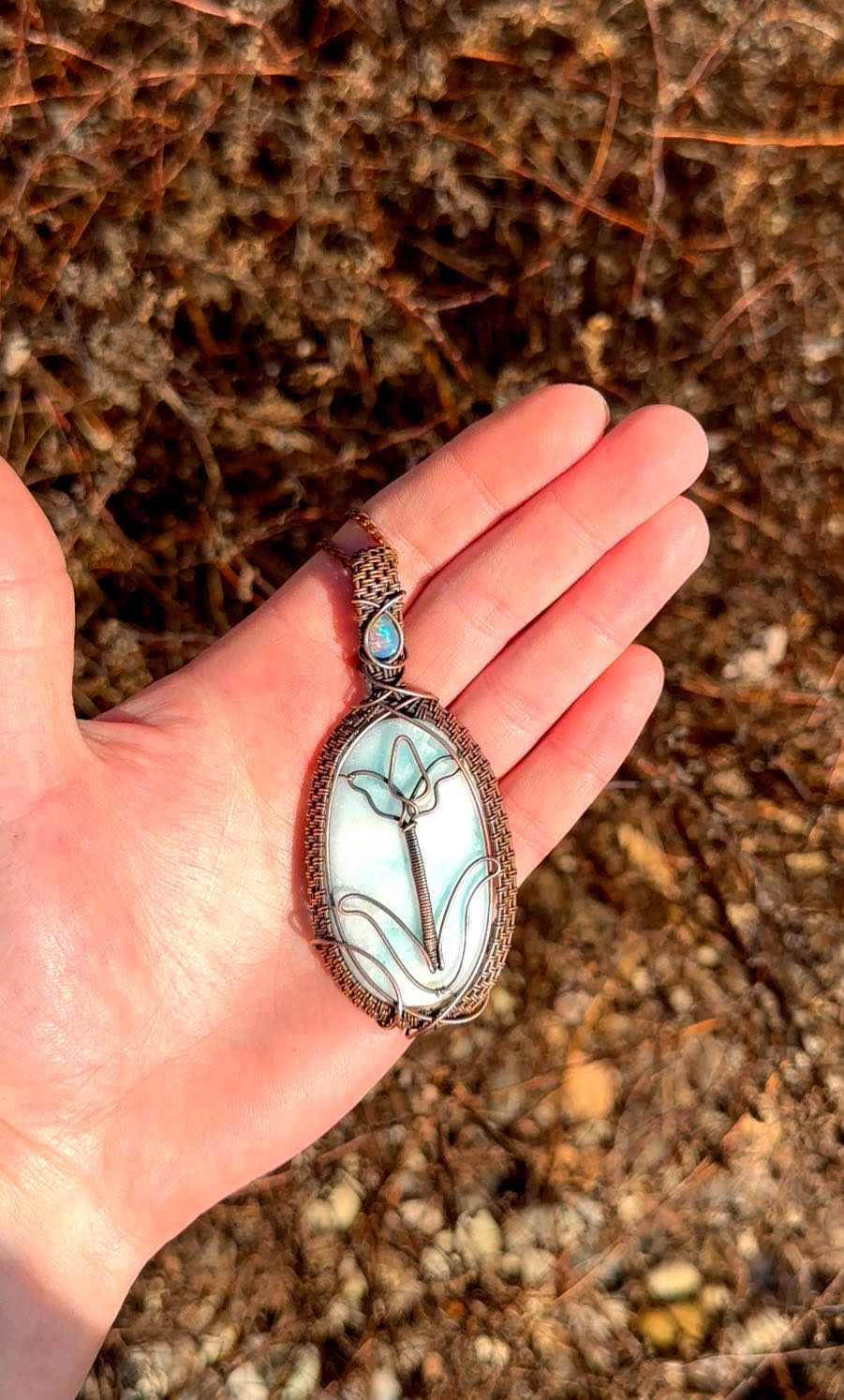 Tulip Blue Aragonite Crystal Copper Pendant