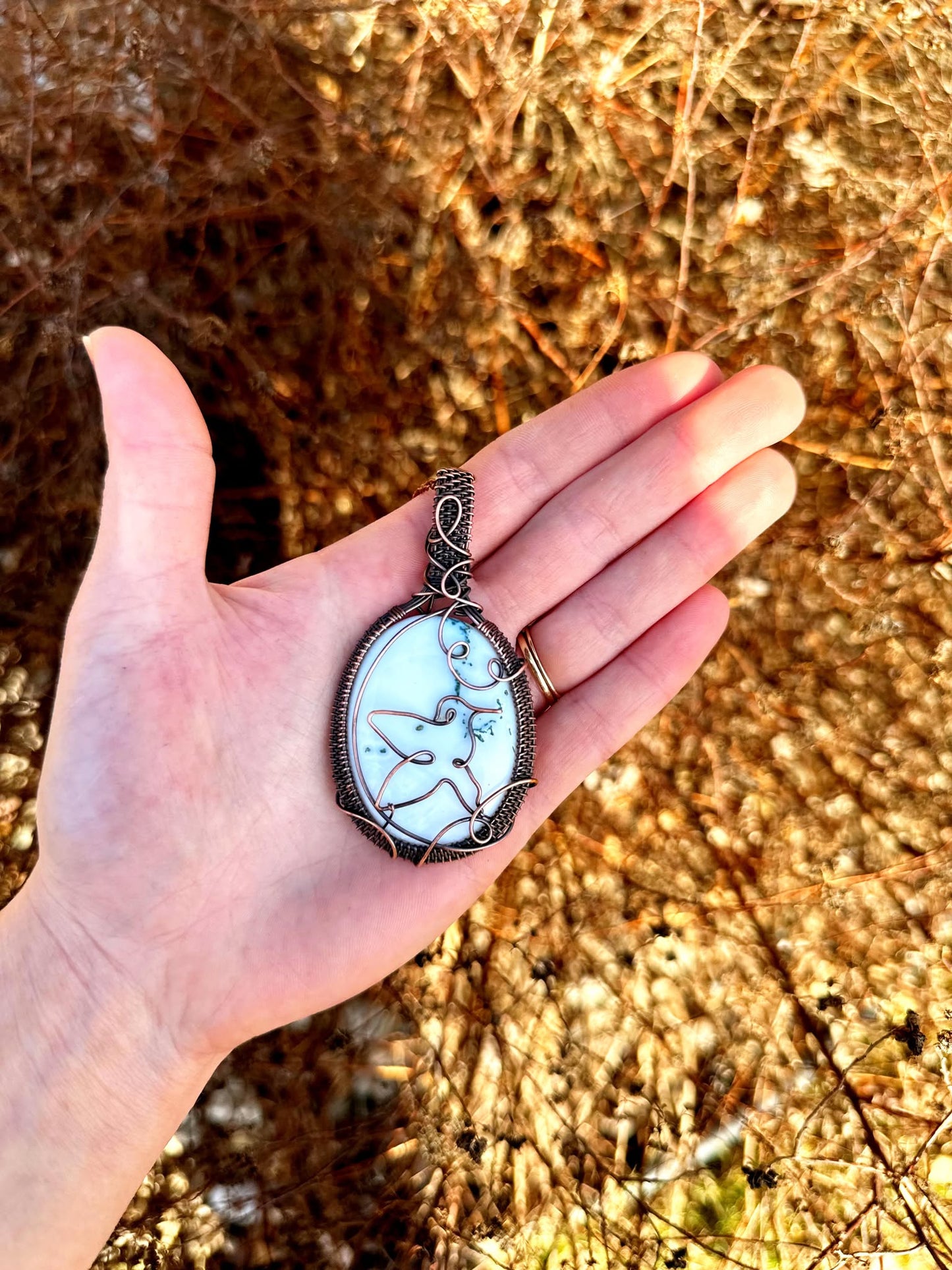 Humming Bird Moss Agate Crystal Copper Pendant