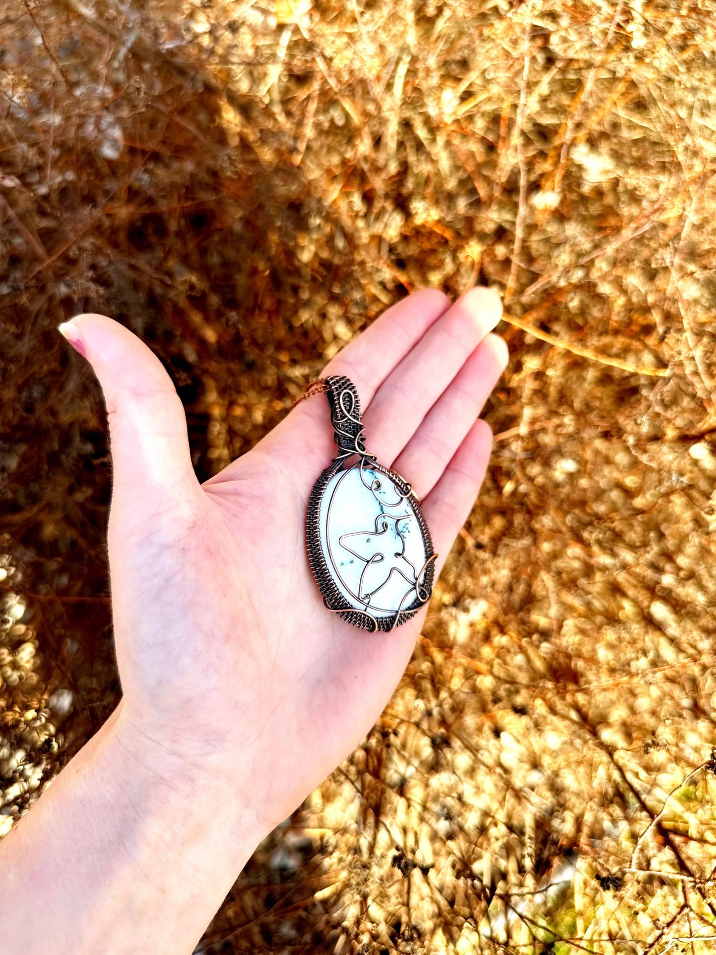 Humming Bird Moss Agate Crystal Copper Pendant