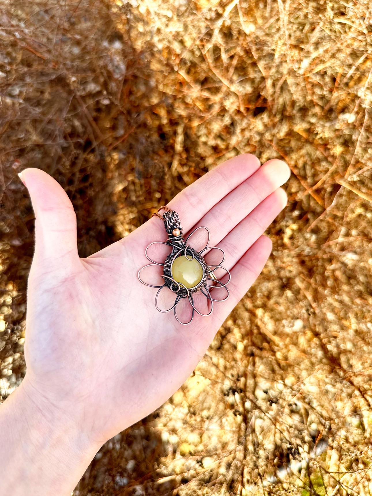 Daisy Yellow Agate Crystal Copper Pendant