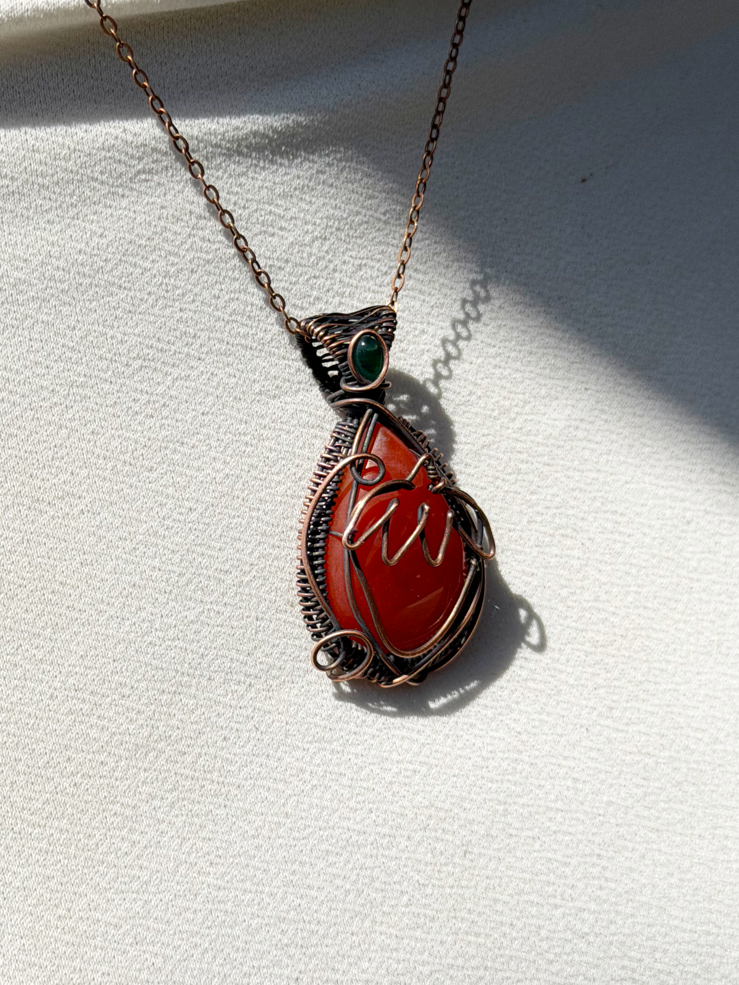 Strawberry Red Onyx with Emerald Accent Crystal Copper Pendant