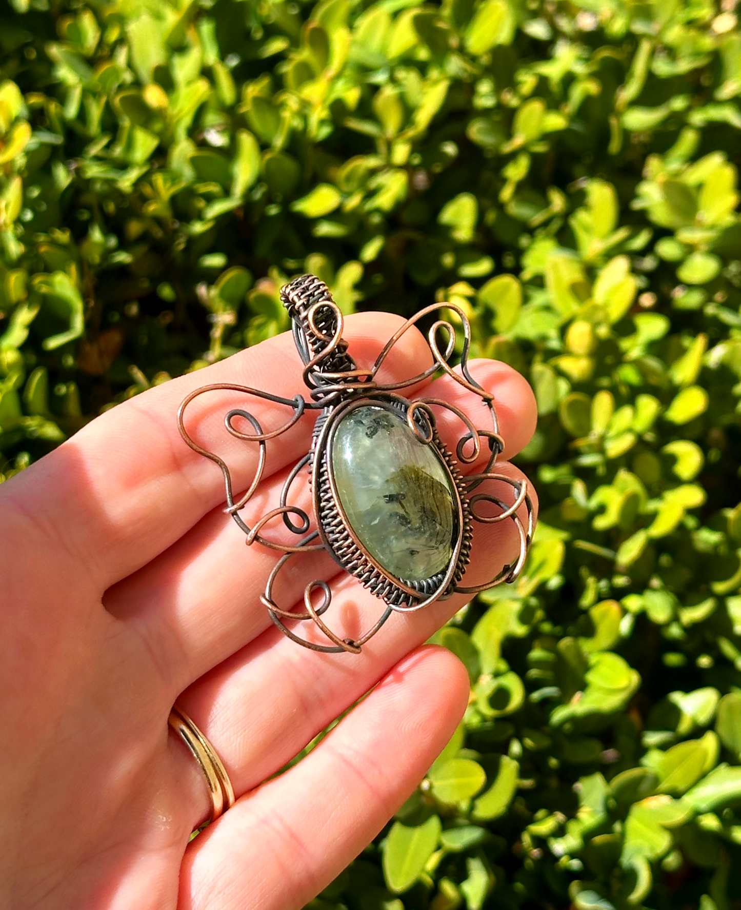 Tailed Green Jay Butterfly Prehnite Crystal Copper Pendant