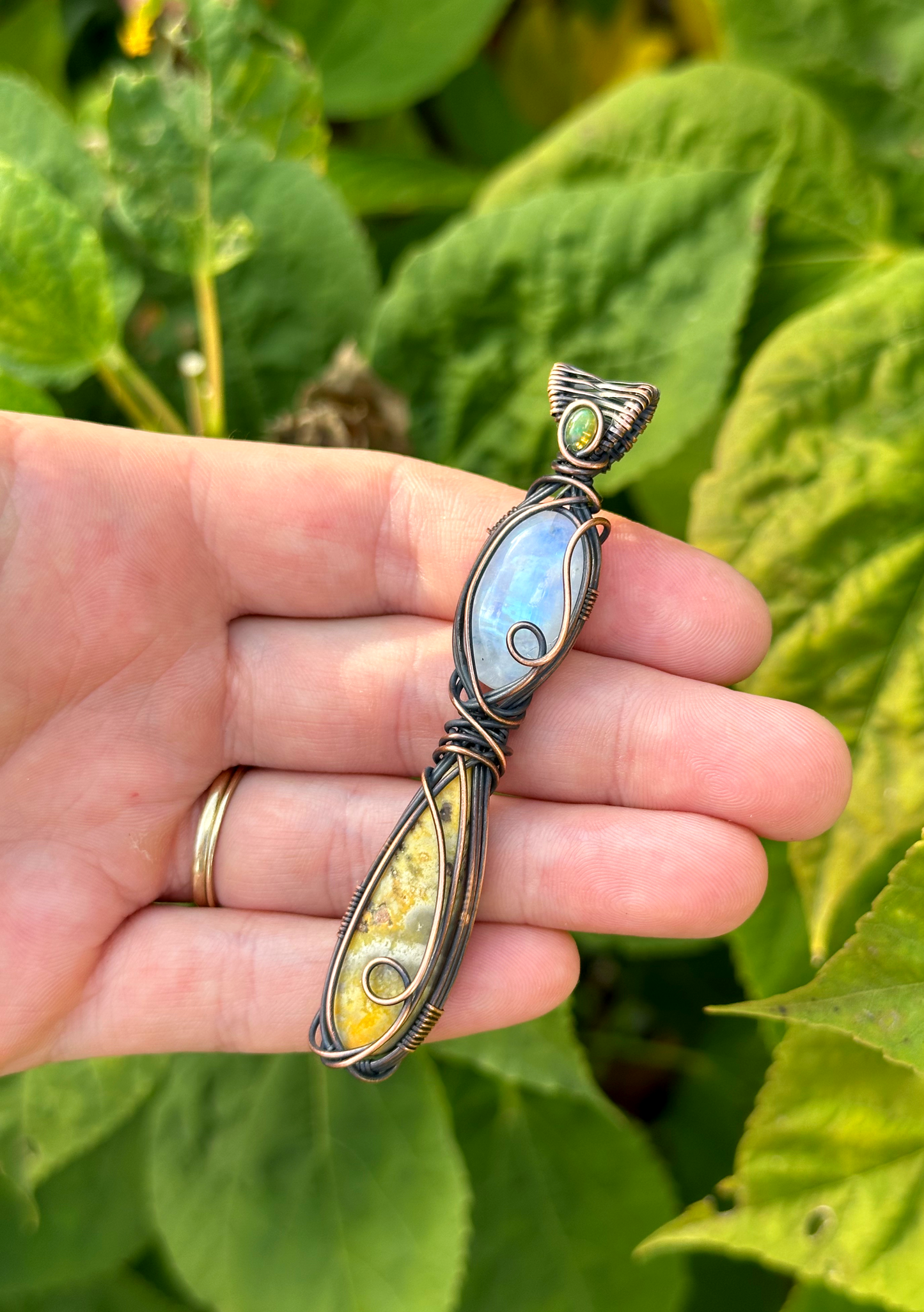 Triple Opal, Rainbow Moonstone, & Bumble Bee Jasper Crystal Copper Pendant