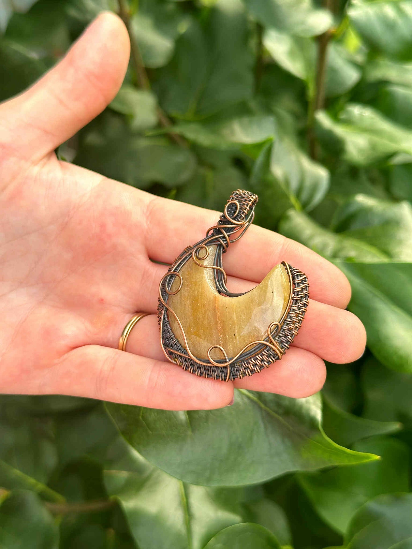 Crescent Moon Chalcedony Crystal Copper Pendant