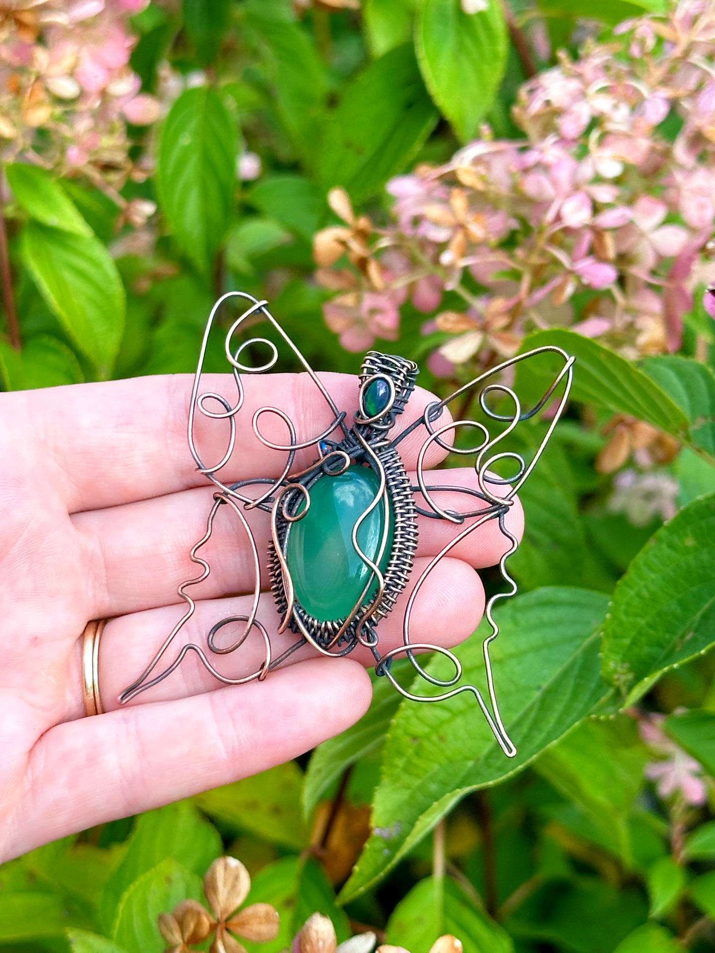 Green Page Moth Prehnite & Opal Crystal Copper Pendant