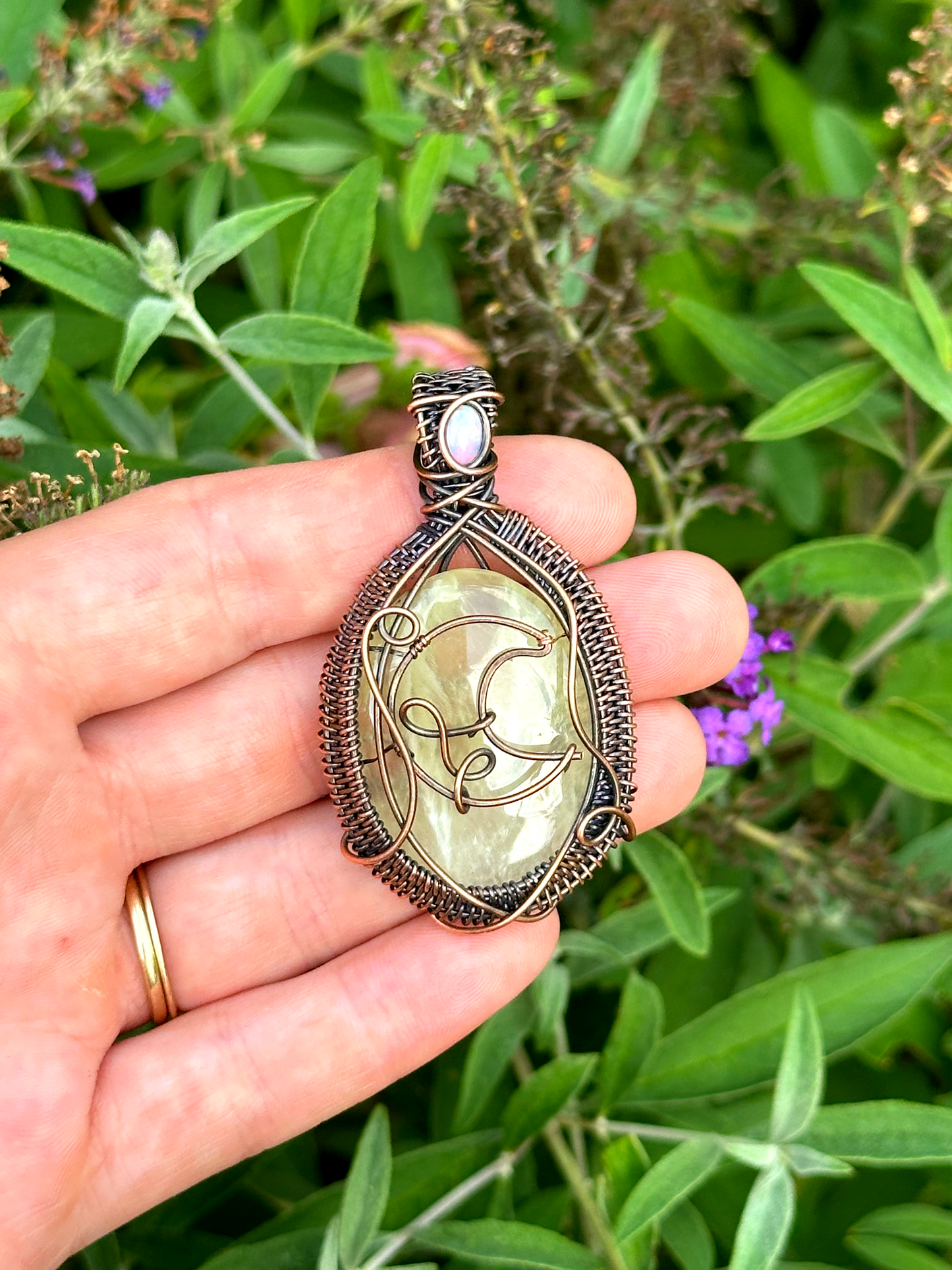 Crescent Moon Prehnite Crystal Copper Pendant