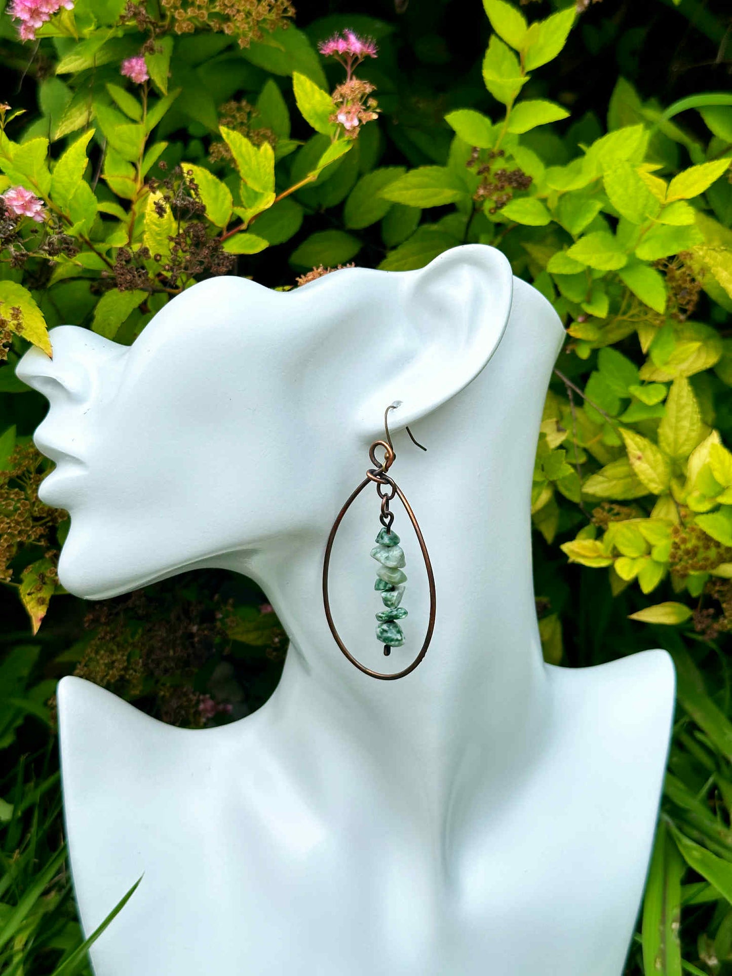 Green Serpentine Crystal Copper Hoops