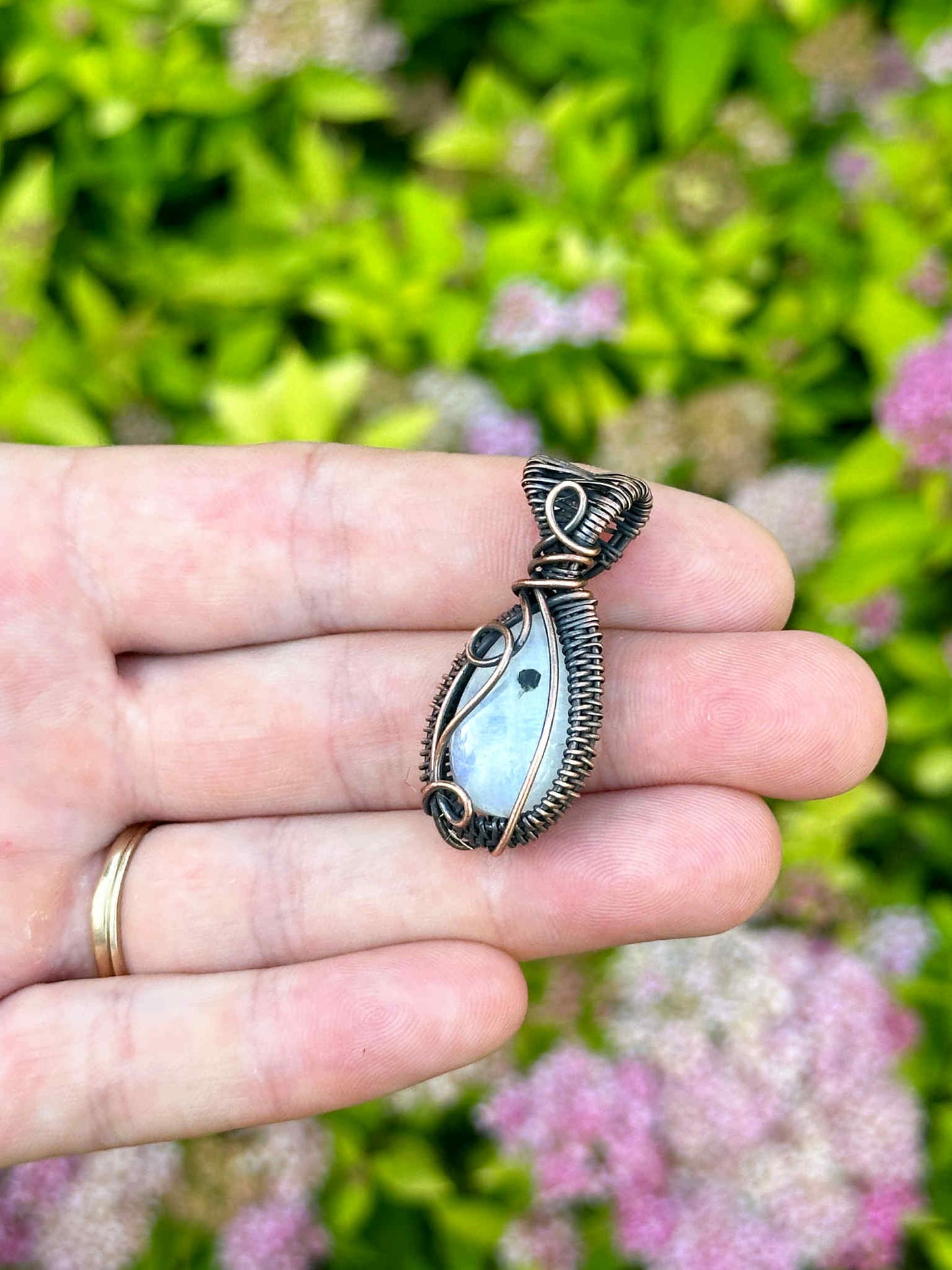 Mini Rainbow Moonstone Crystal Copper Pendant