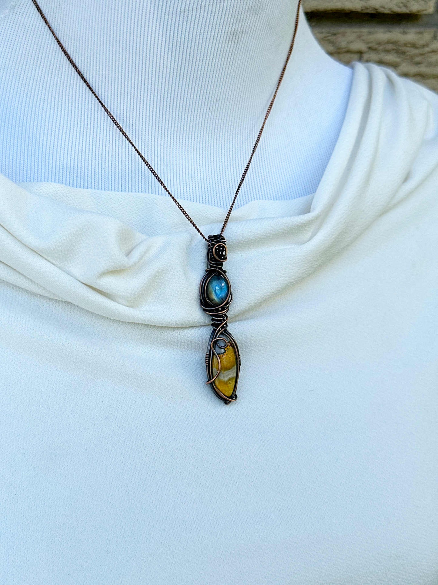Double Labradorite & Bumble Bee Jasper Crystal Copper Pendant