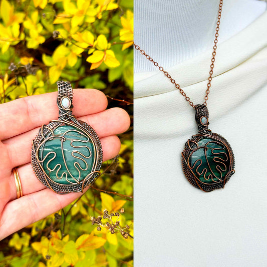 Monstera Larsonite Crystal Copper Pendant