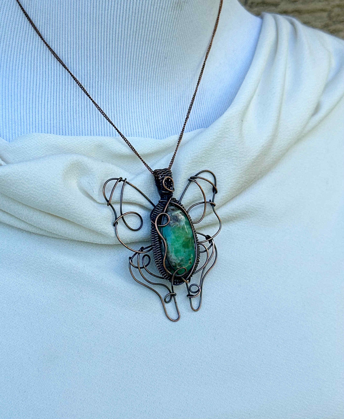 Luna Moth Chrysoprase Crystal Copper Pendant