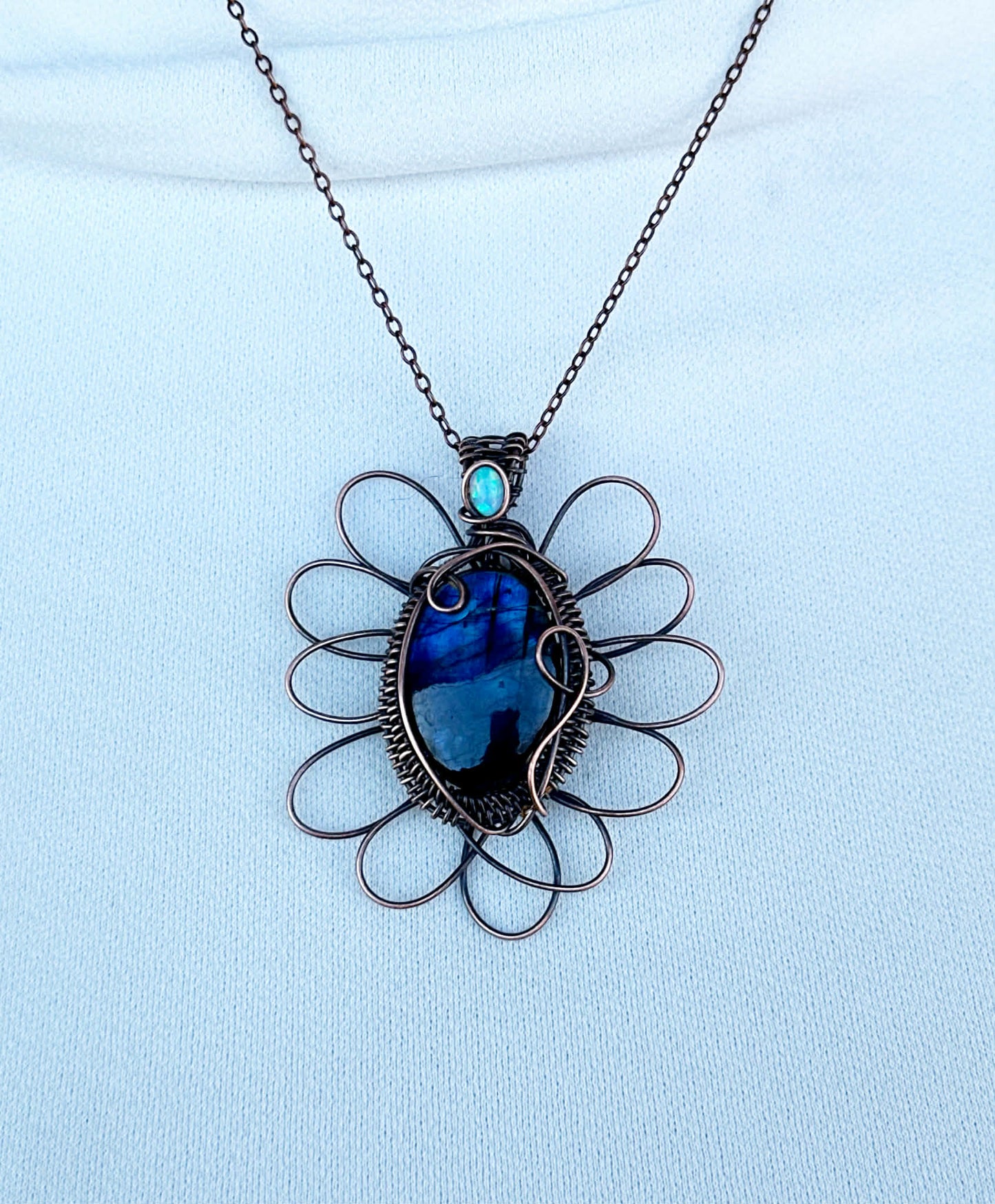 Winter Blue Flax Flower Labradorite & Opal Crystal Copper Pendant