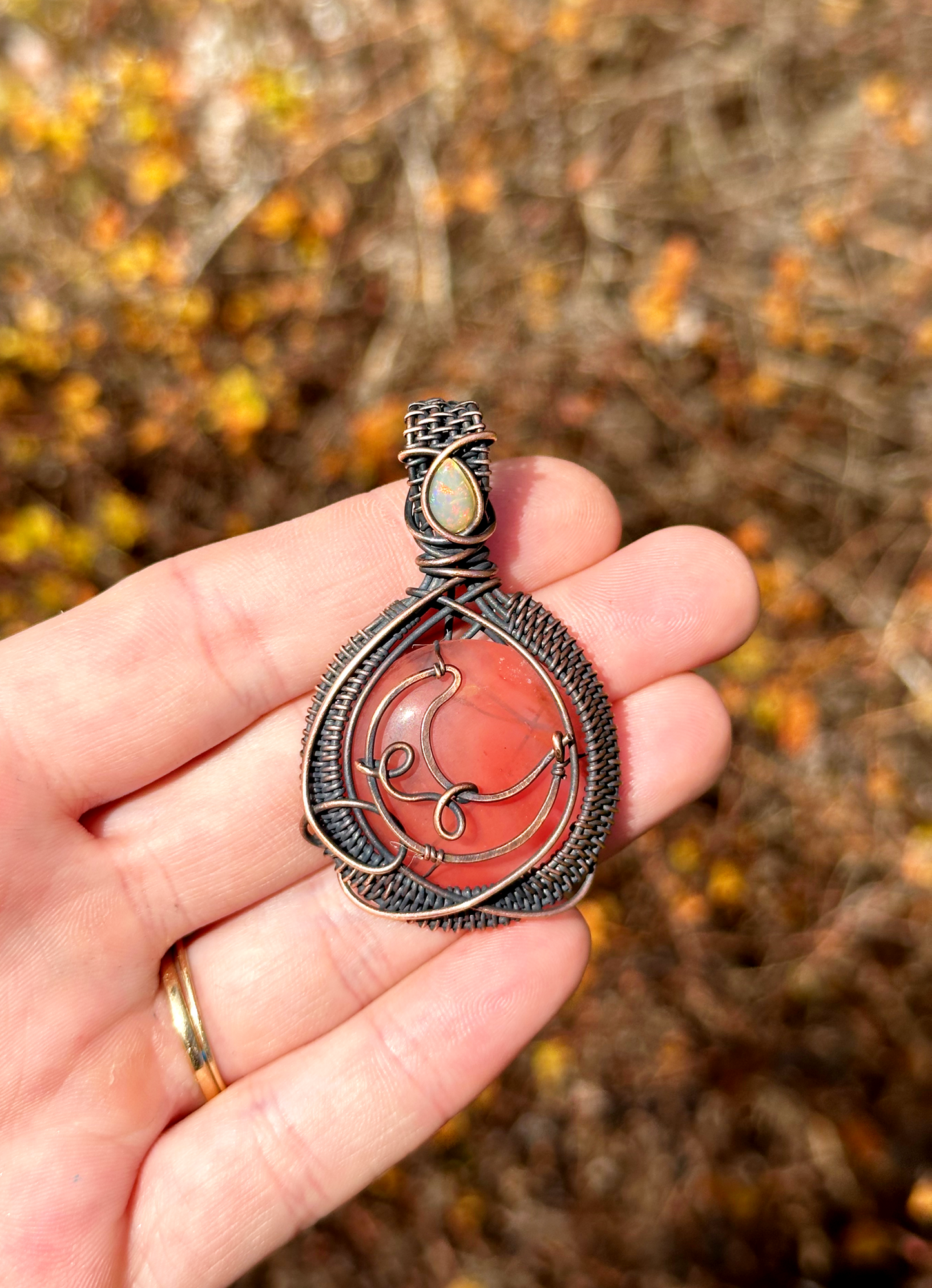 Crescent Moon Cherry Quartz Crystal Copper Pendant