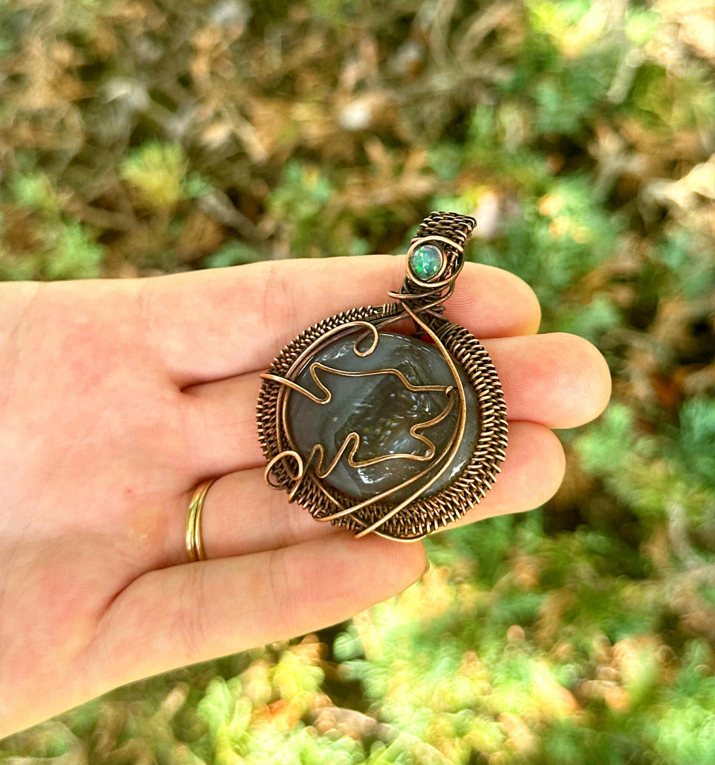 Wolf Grey Agate & Opal Crystal Copper Pendant
