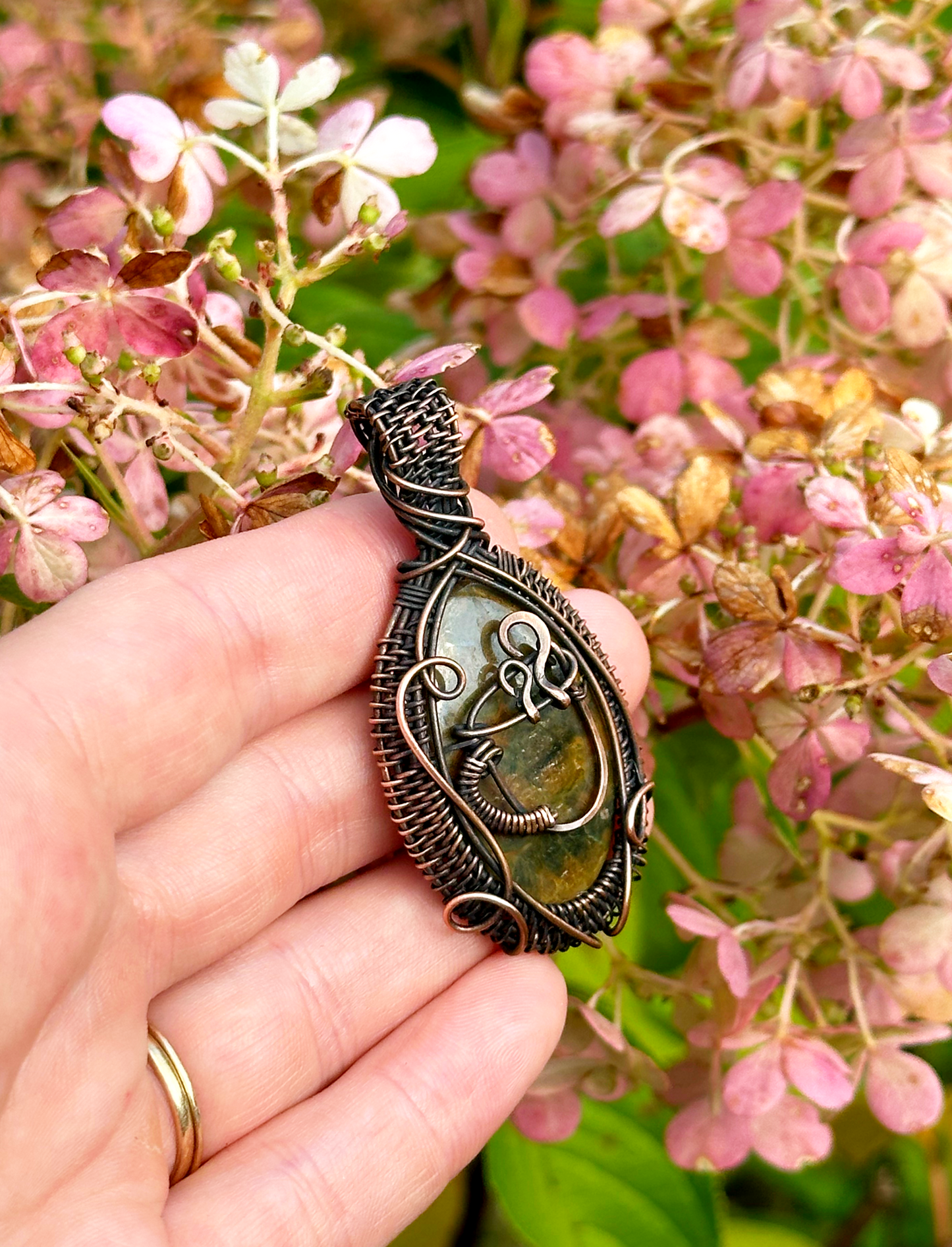Coffee Brew Ocean Jasper & Opal Crystal Copper Pendant