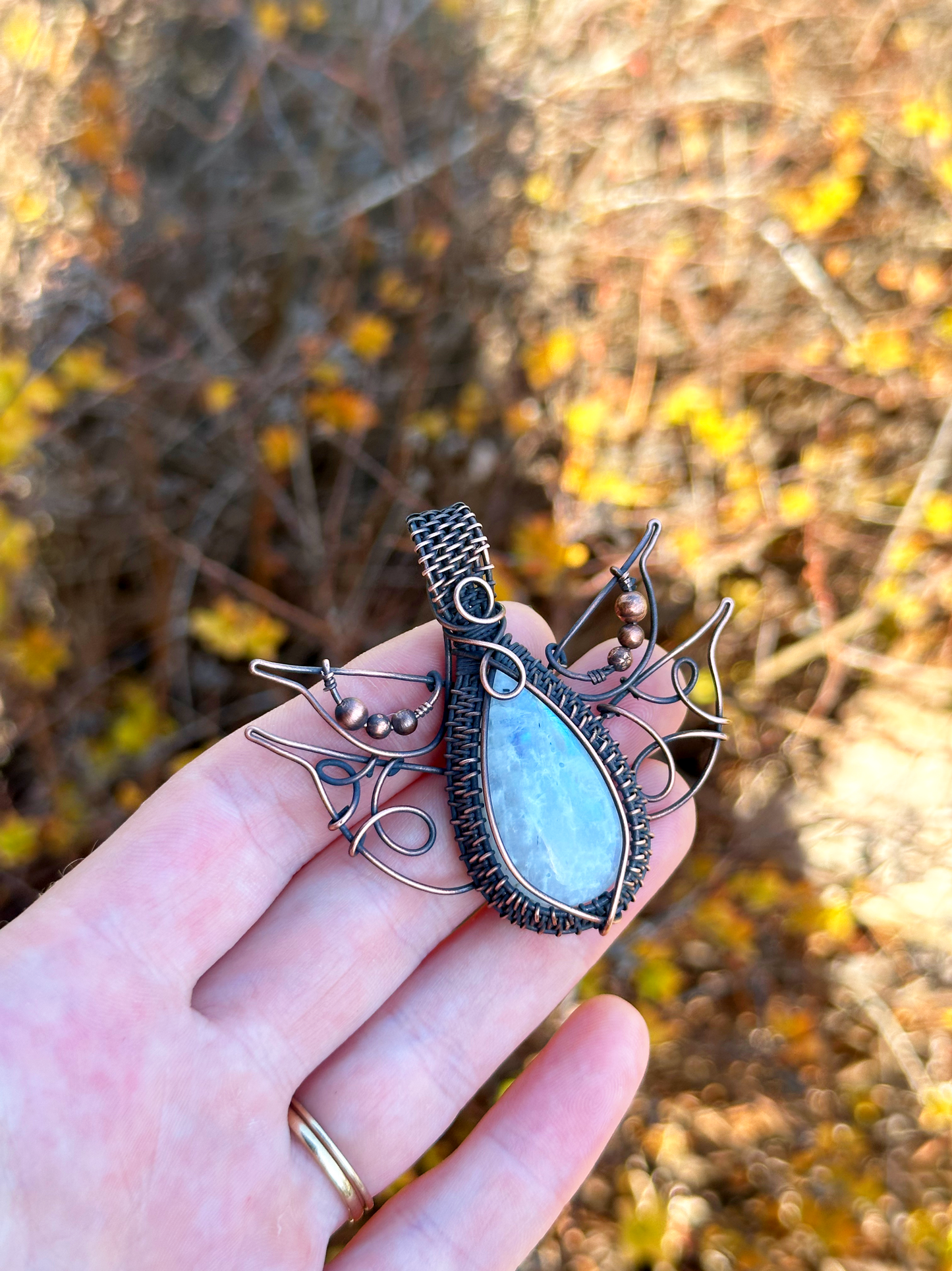 Lotus Rainbow Moonstone Crystal Copper Pendant