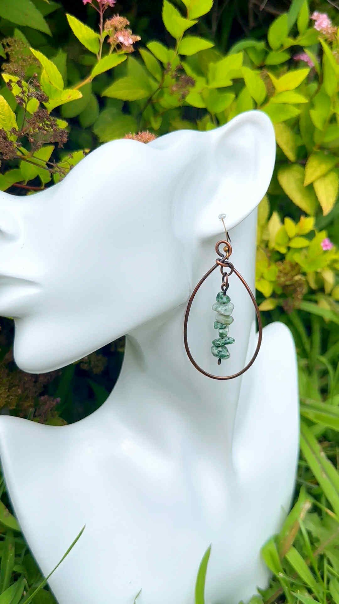 Green Serpentine Crystal Copper Hoops