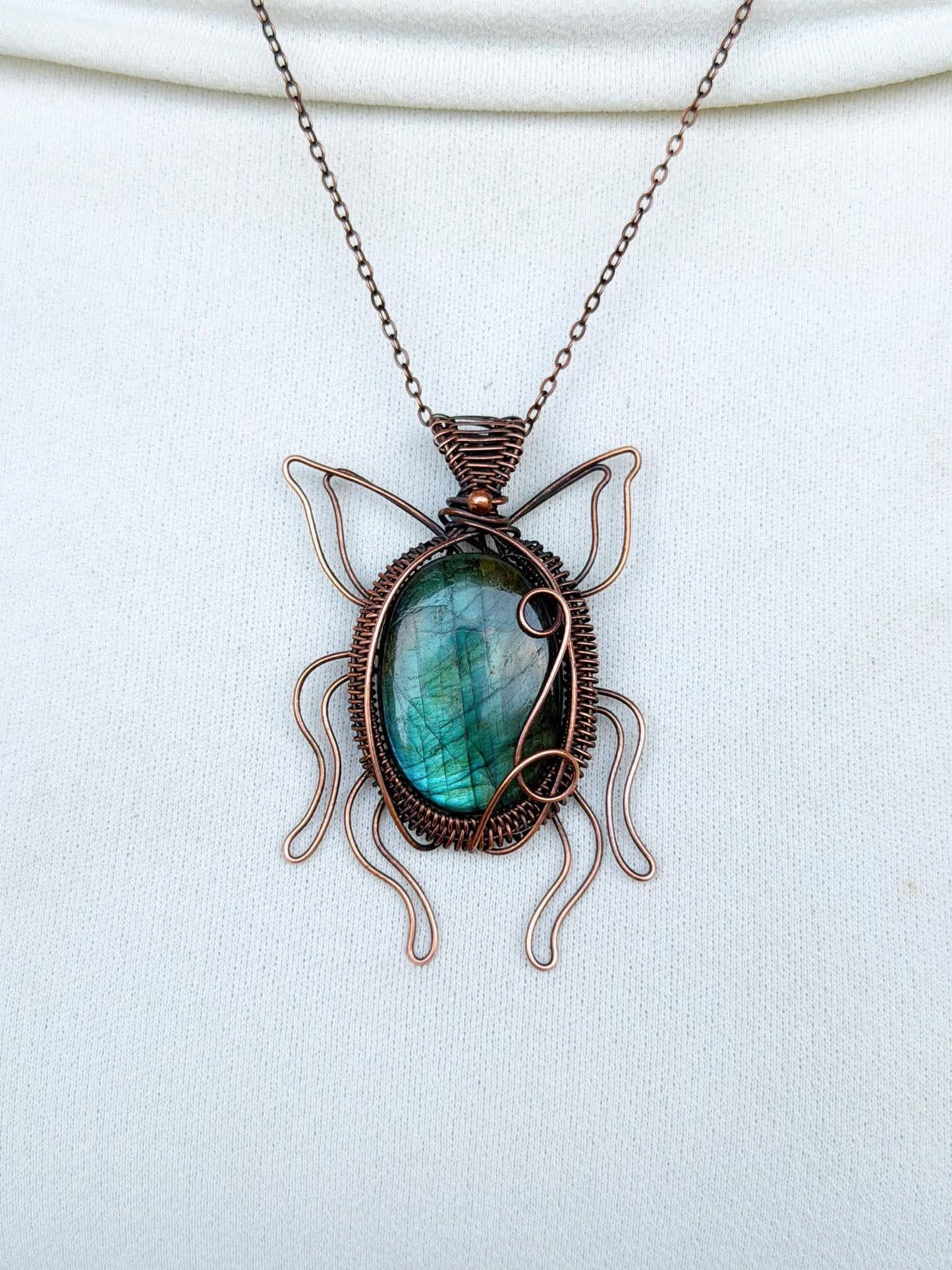 Green June Beetle Labradorite Crystal Copper Pendant