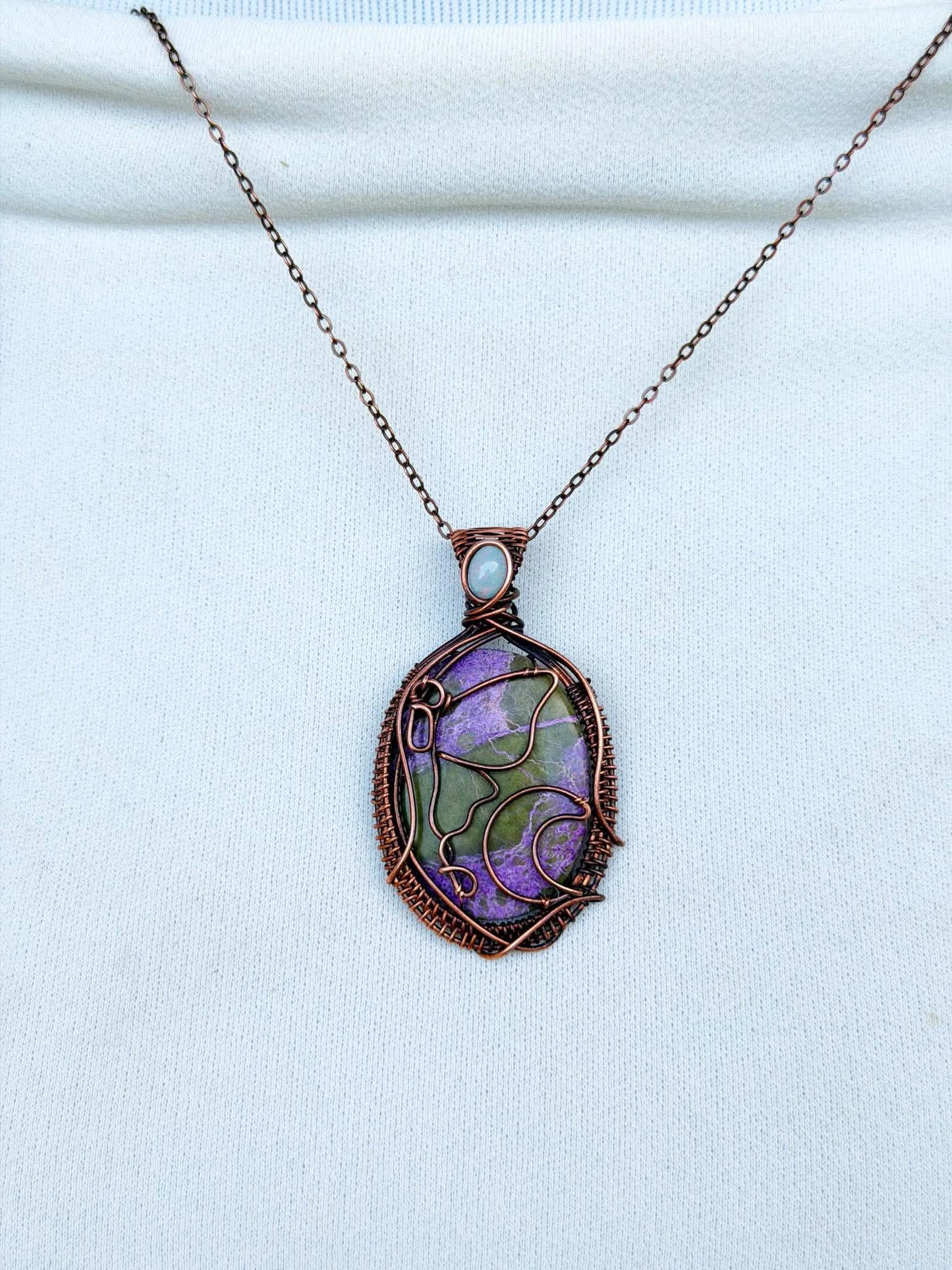 Luna Moth & Crescent Moon Purple & Green Stichtite with Opal Accent Crystal Copper Pendant