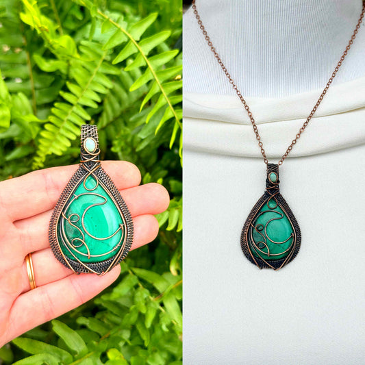 Crescent Moon Malachite Crystal Copper Pendant