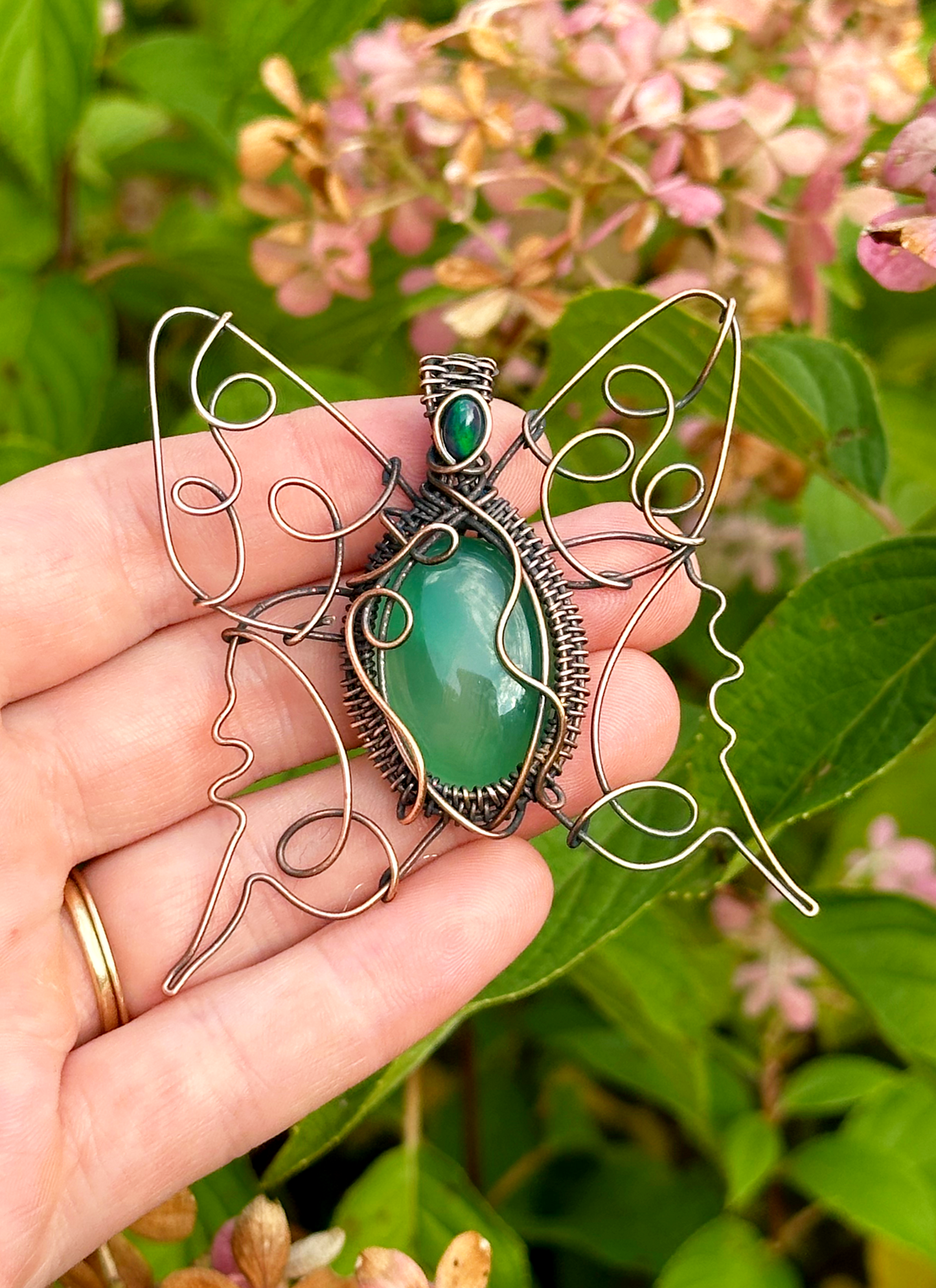 Green Page Moth Prehnite & Opal Crystal Copper Pendant