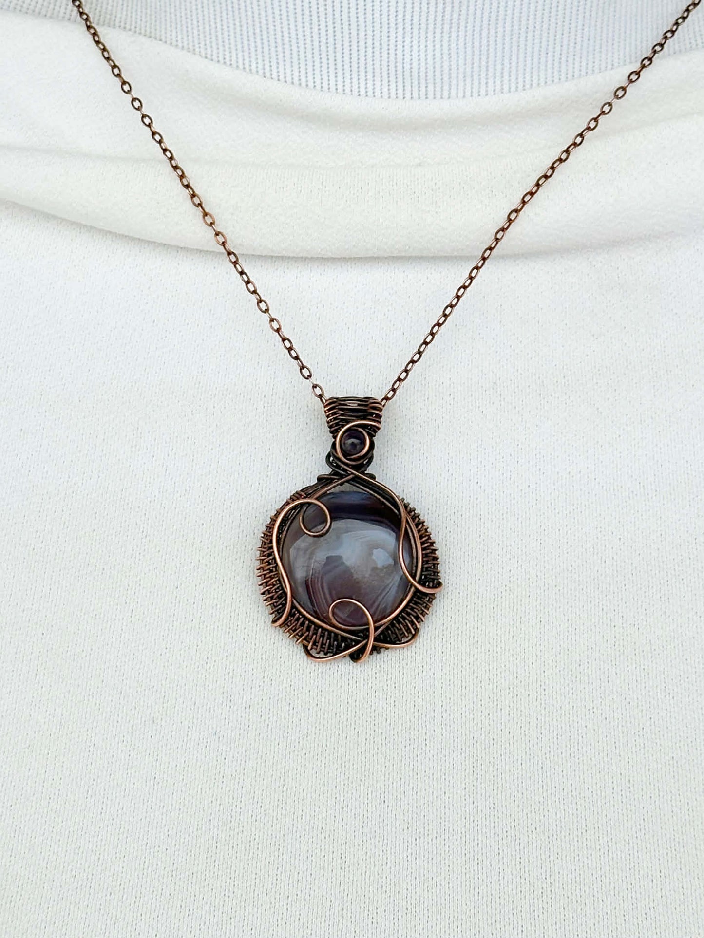 Grey Banded Agate & Clear Quartz Accent Crystal Copper Pendant