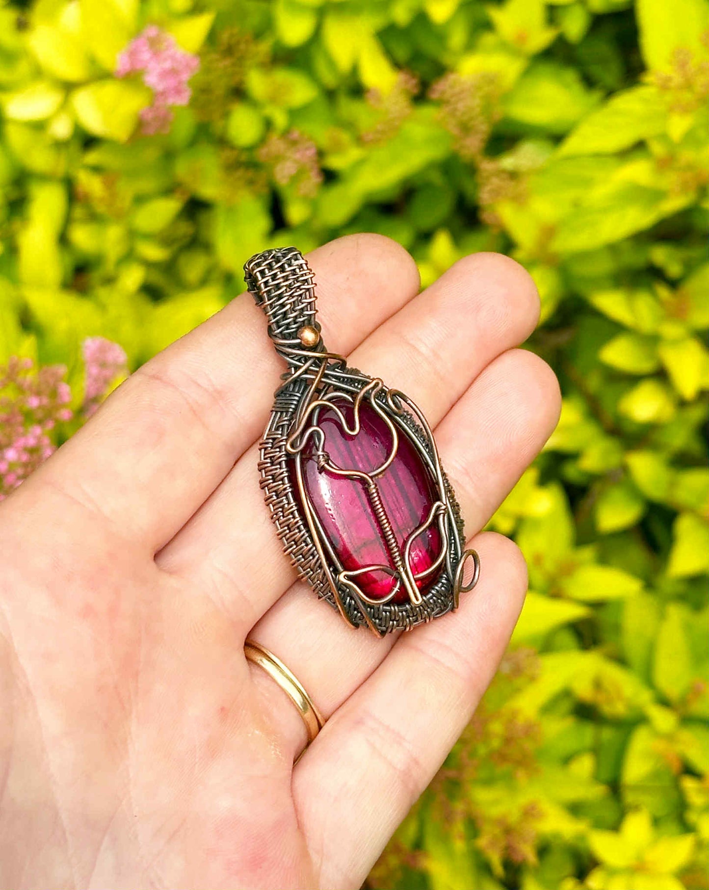 Rose Pink Labradorite Crystal Copper Pendant
