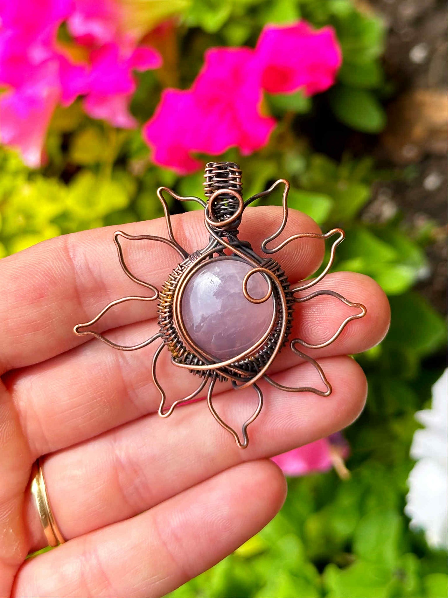 Sun Rose Quartz Crystal Copper Pendant