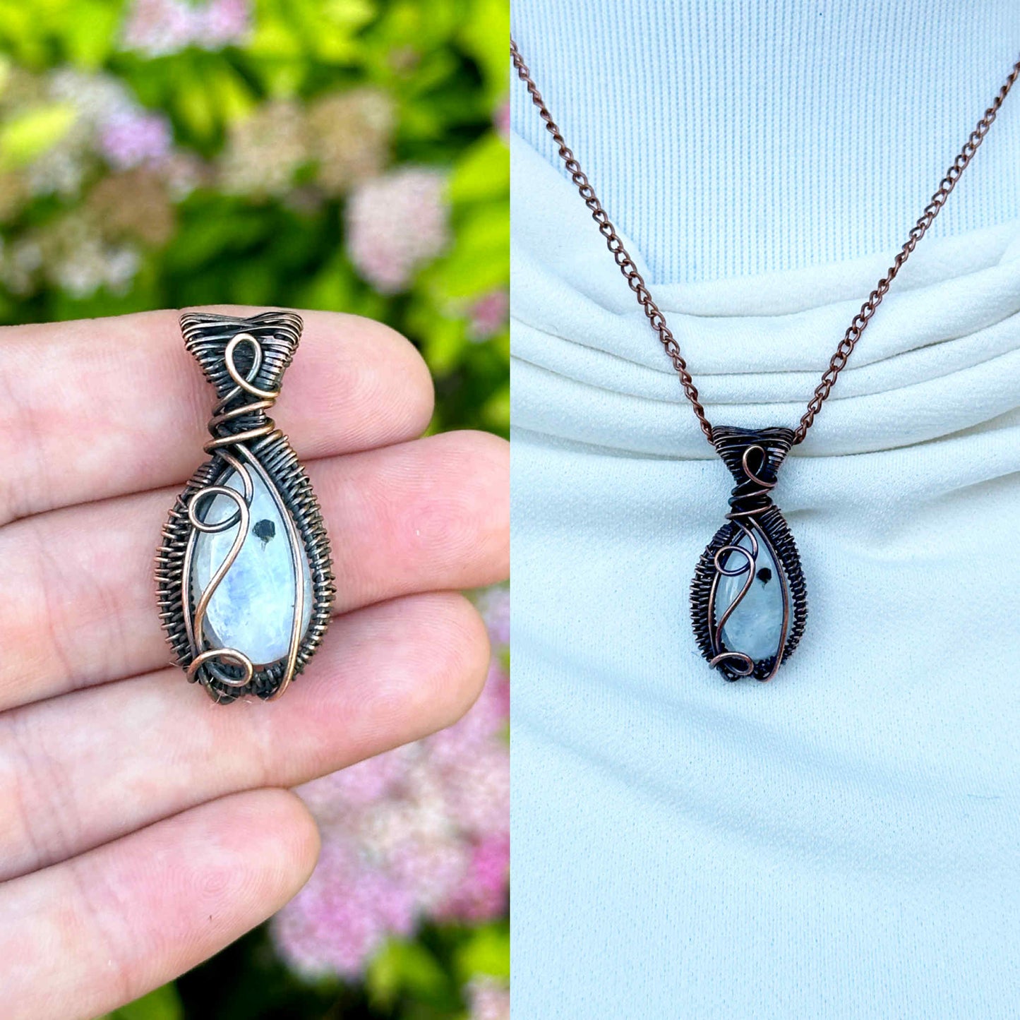 Mini Rainbow Moonstone Crystal Copper Pendant
