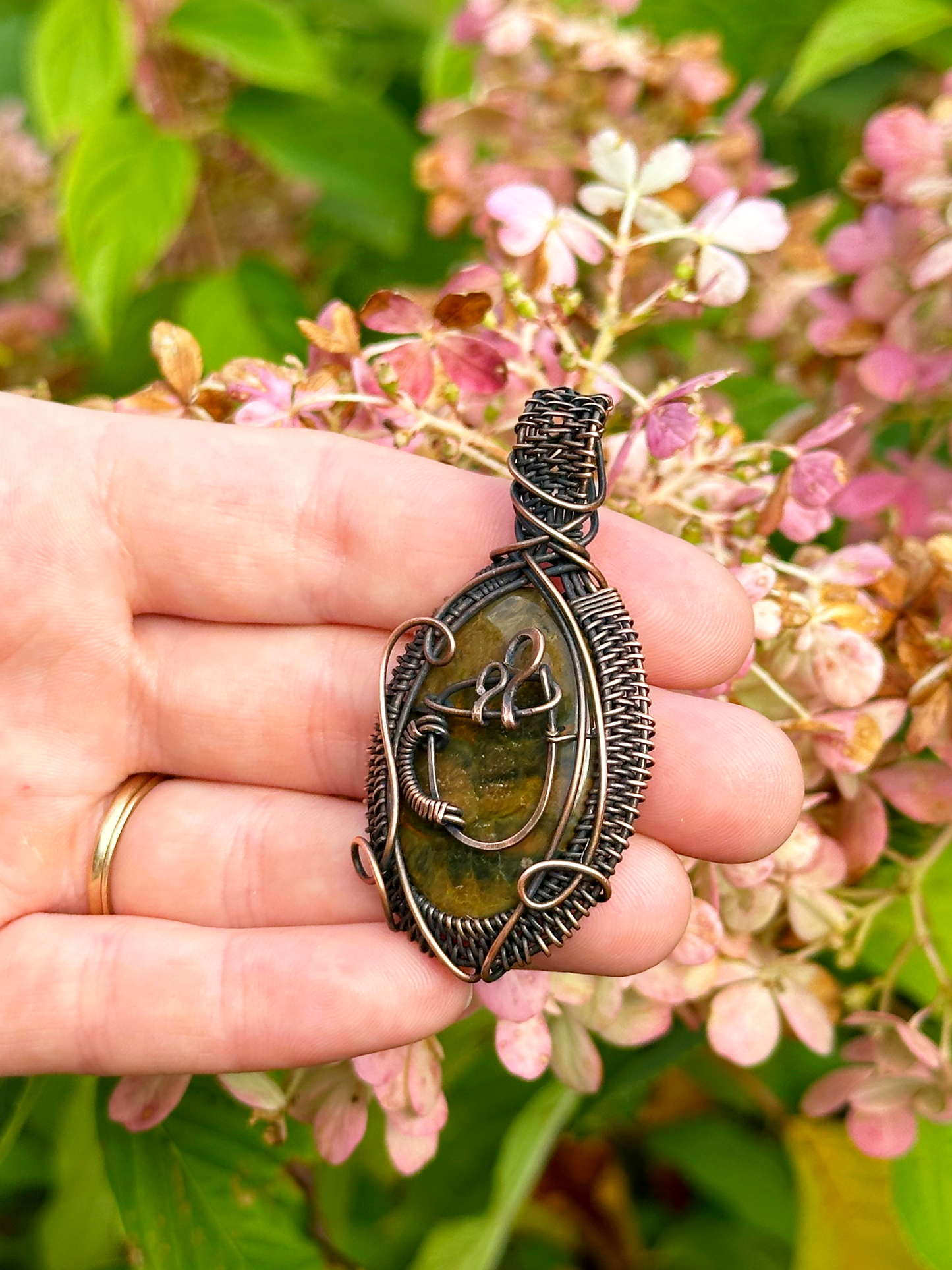 Coffee Brew Ocean Jasper & Opal Crystal Copper Pendant