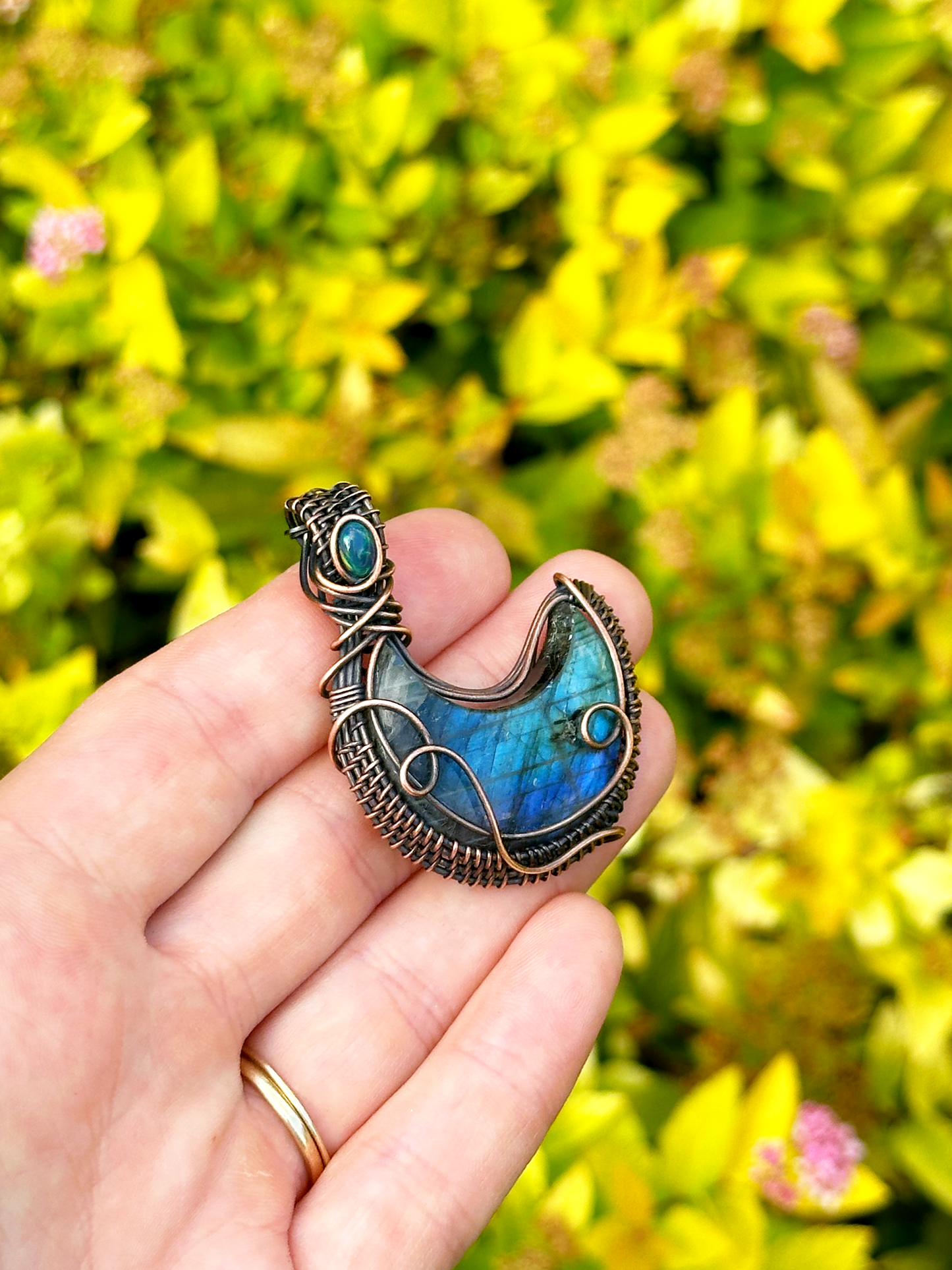 Crescent Moon Labradorite & Opal Crystal Copper Pendant