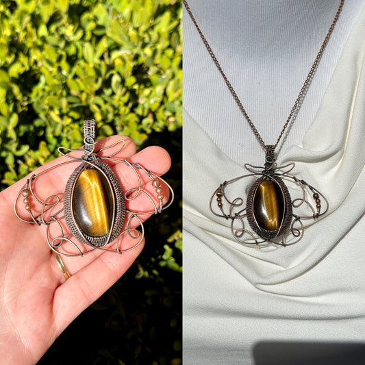 Polyphemus Moth Tigers Eye Crystal Copper Pendant