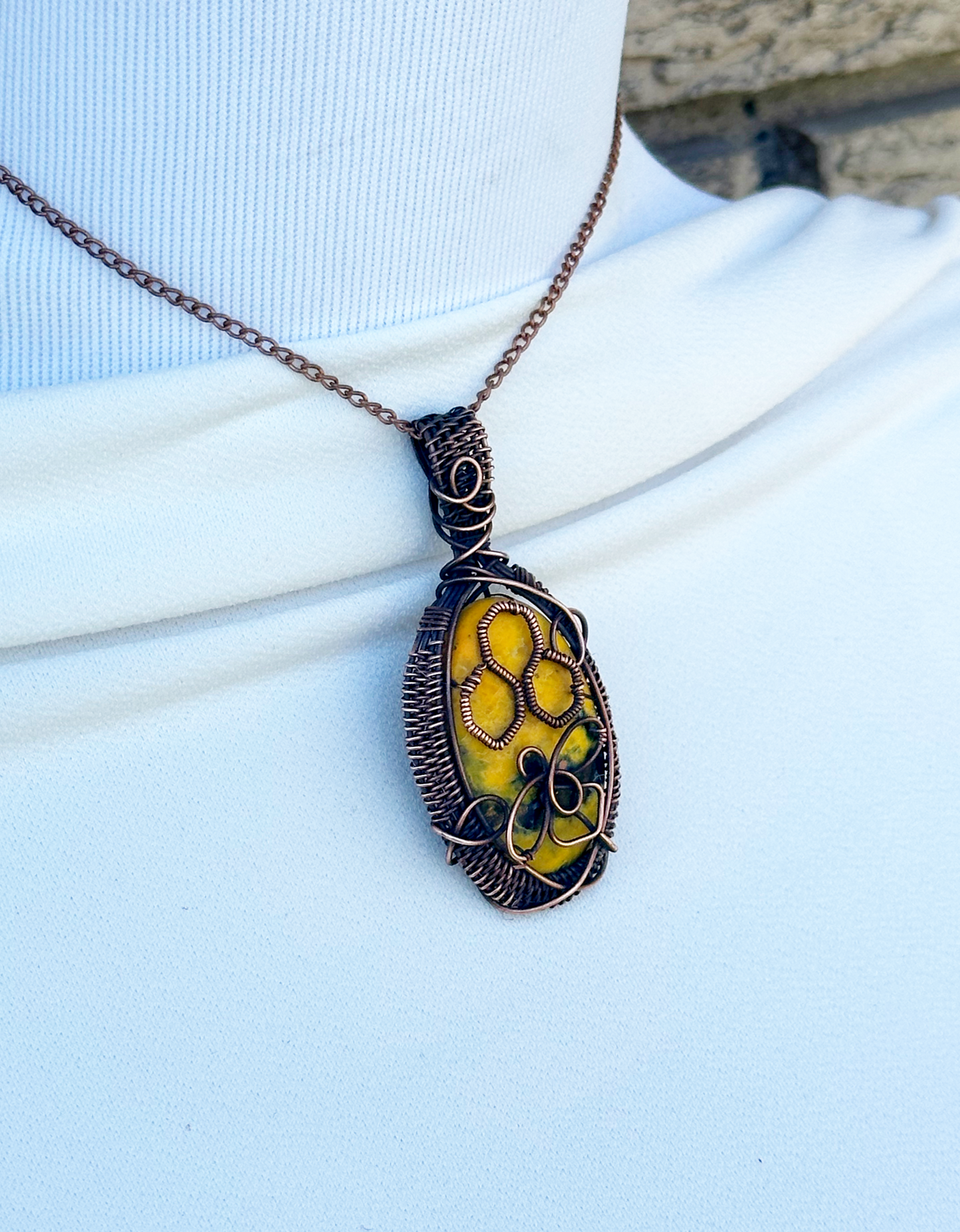 Honeycomb Bumble Bee Jasper Crystal Copper Pendant