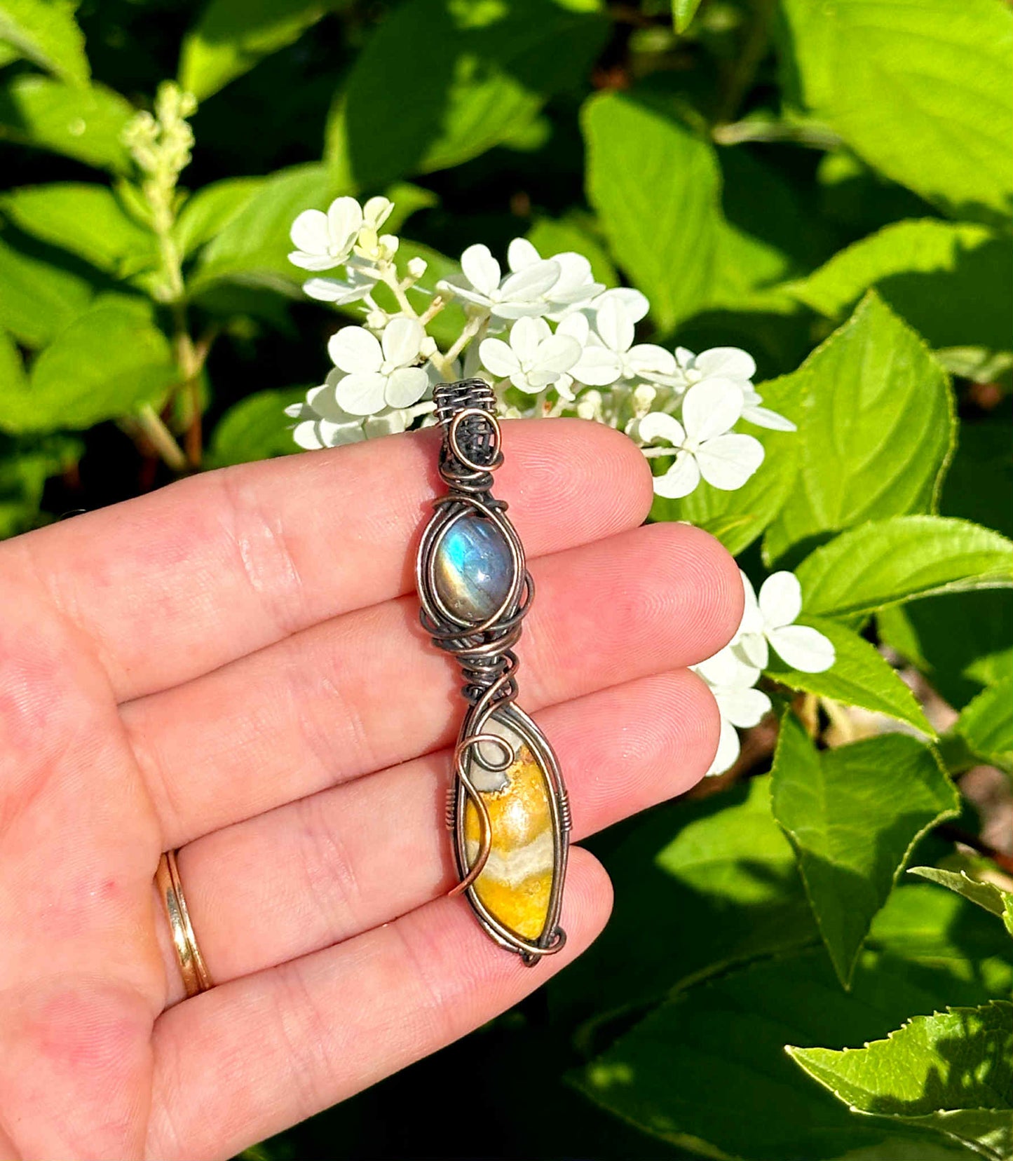 Double Labradorite & Bumble Bee Jasper Crystal Copper Pendant