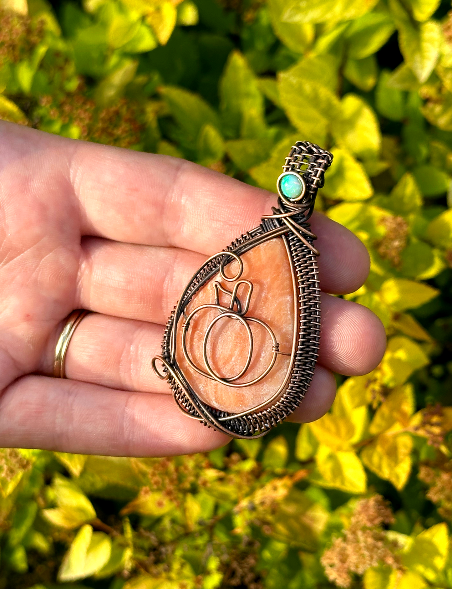 Pumpkin Opal & Orange Calcite Crystal Copper Pendant