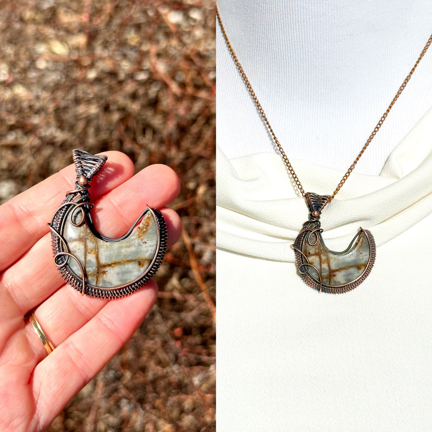 Crescent Moon Picture Jasper Crystal Copper Pendant