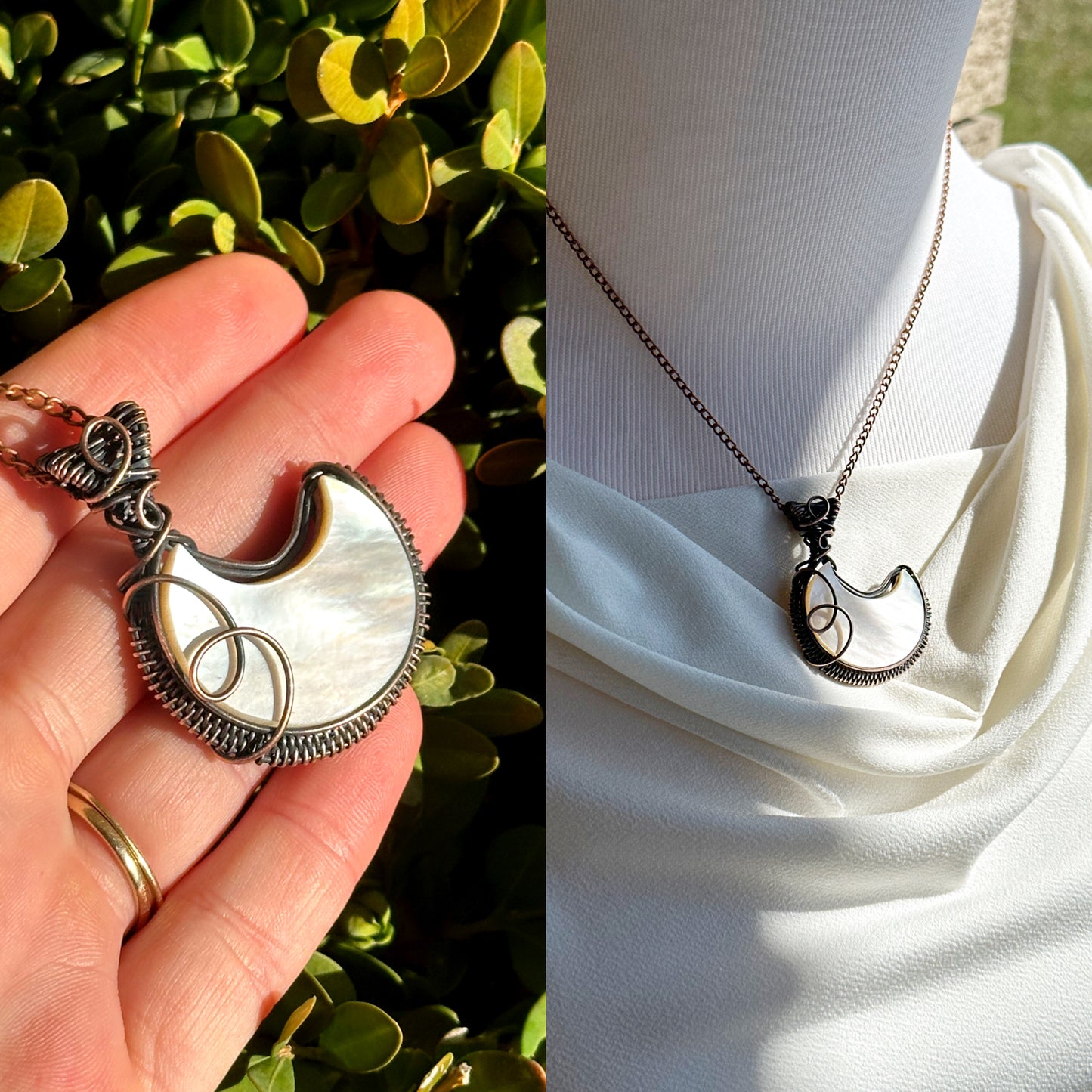 Crescent Moon Mother of Pearl Crystal Copper Pendant