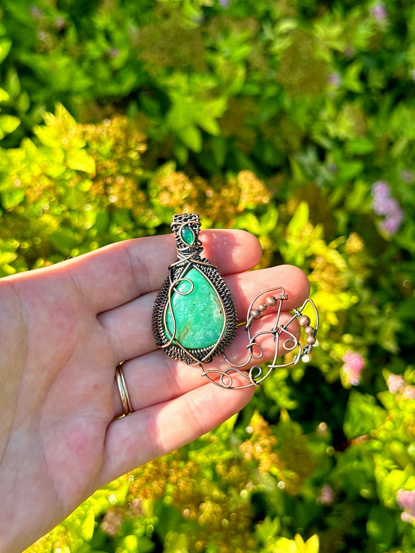 Mermaid Double Chrysoprase & Emerald Crystal Copper Pendant