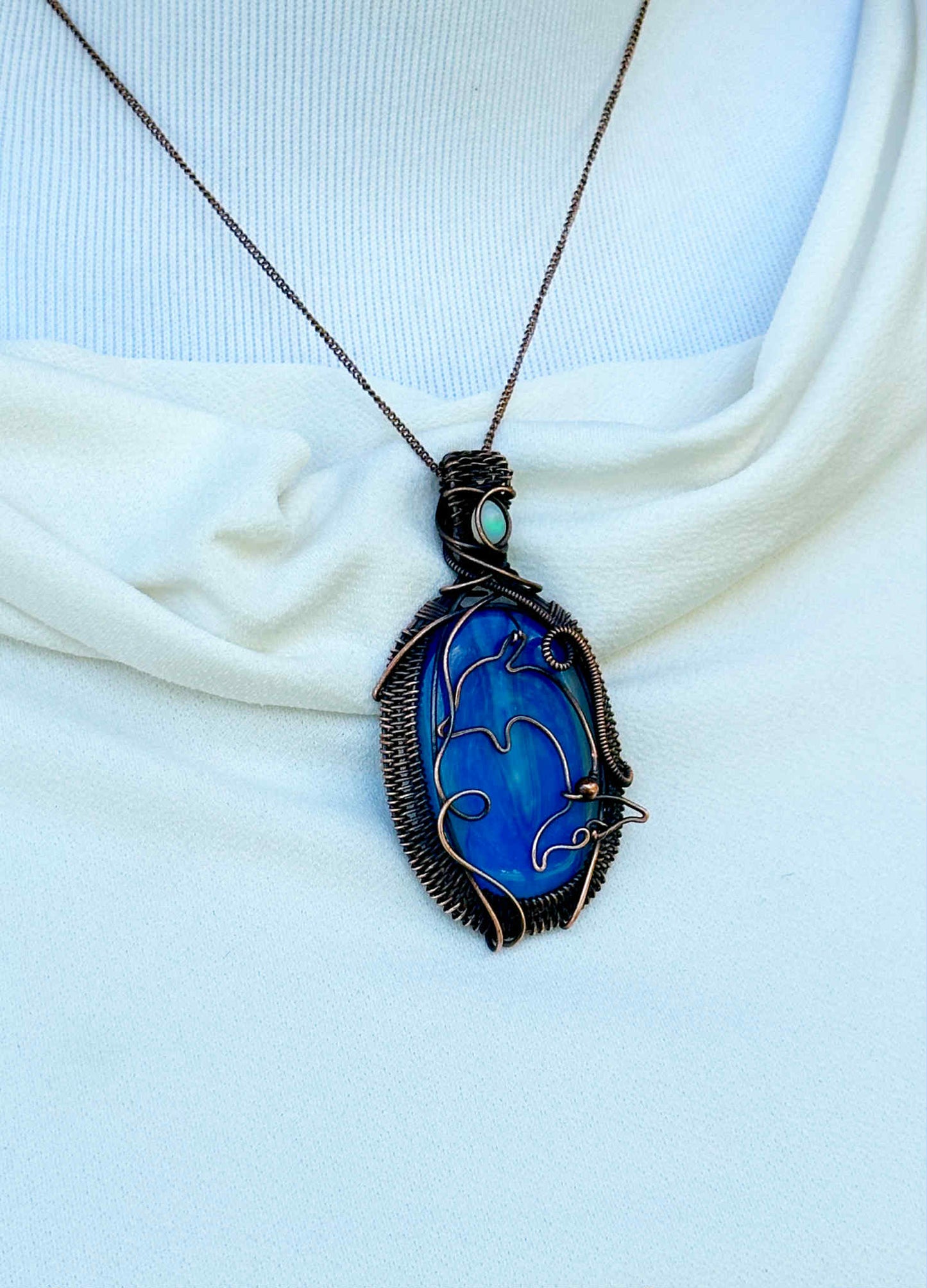 Dolphin Blue Banded Agate Crystal Copper Pendant