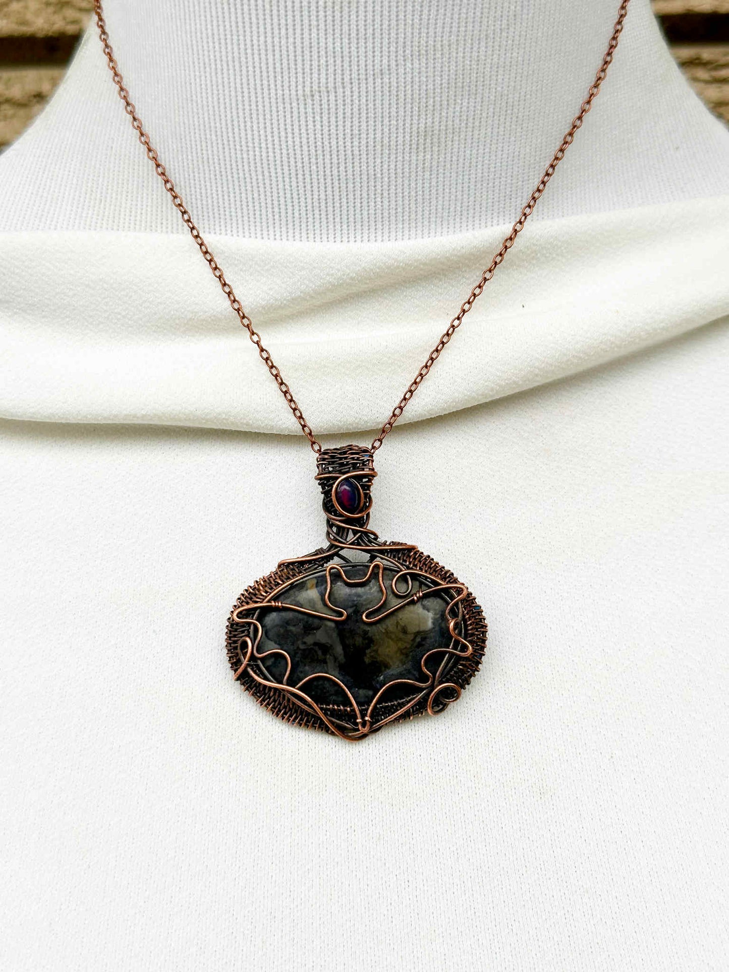Bat Black Cobalt & Black Mexican Opal Crystal Copper Pendant