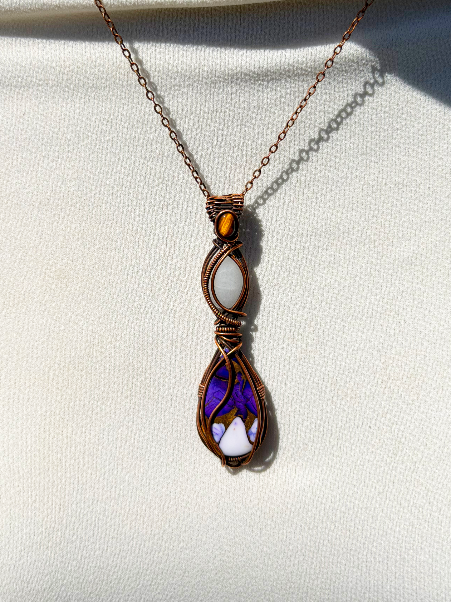 Triple Purple Copper, White Jade & Tiger’s Eye Accent Crystal Copper Pendant