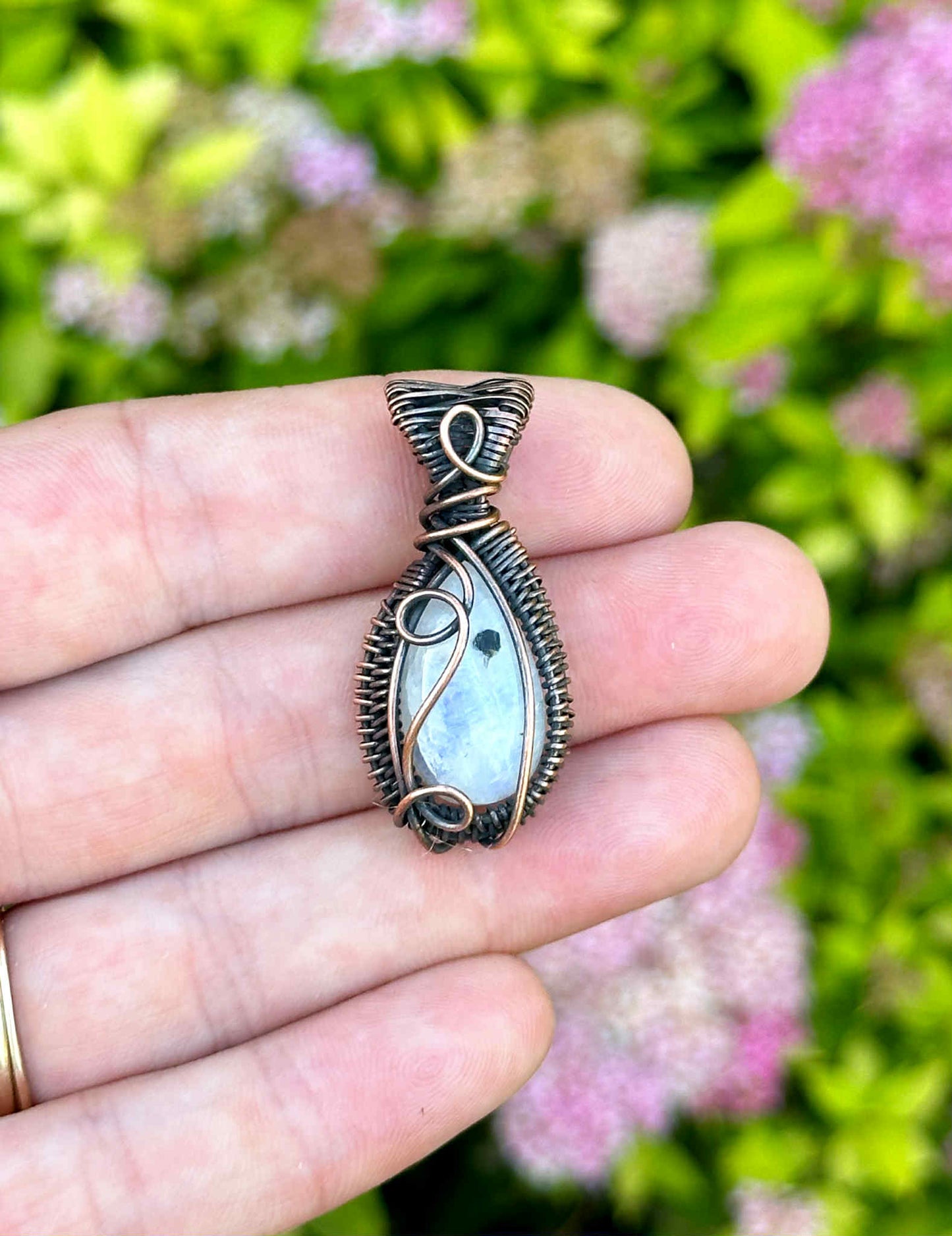 Mini Rainbow Moonstone Crystal Copper Pendant