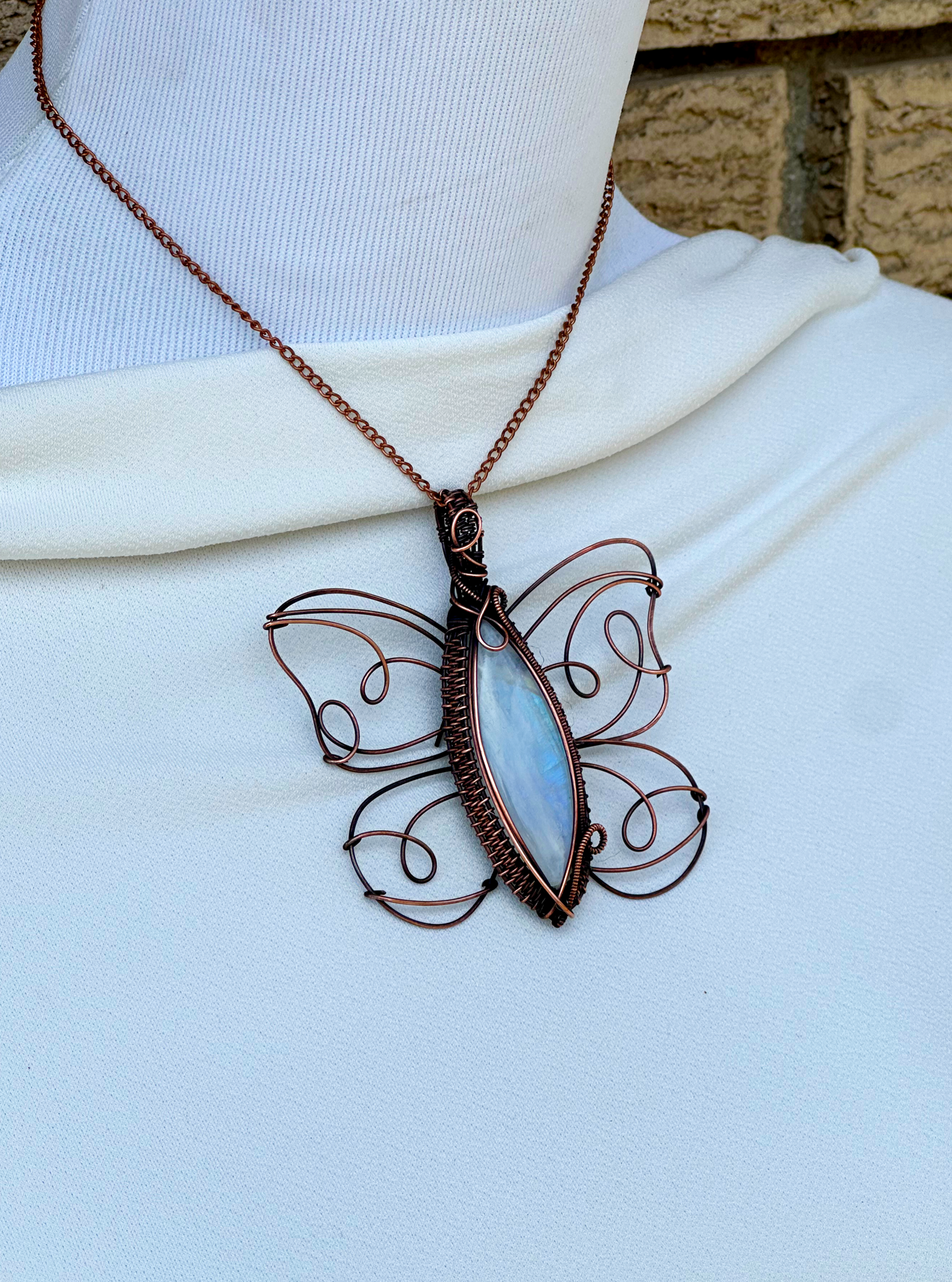 Butterfly Rainbow Moonstone Crystal Copper Pendant