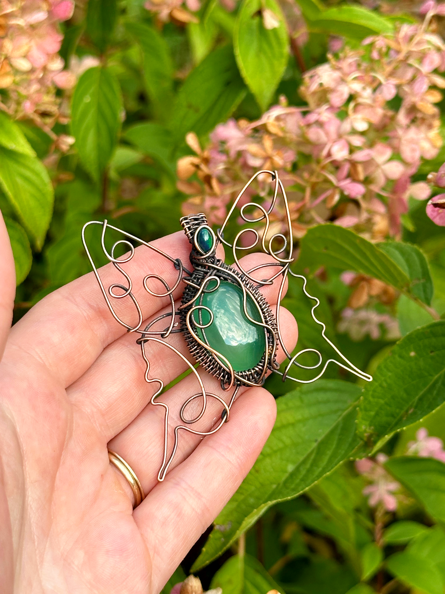 Green Page Moth Prehnite & Opal Crystal Copper Pendant