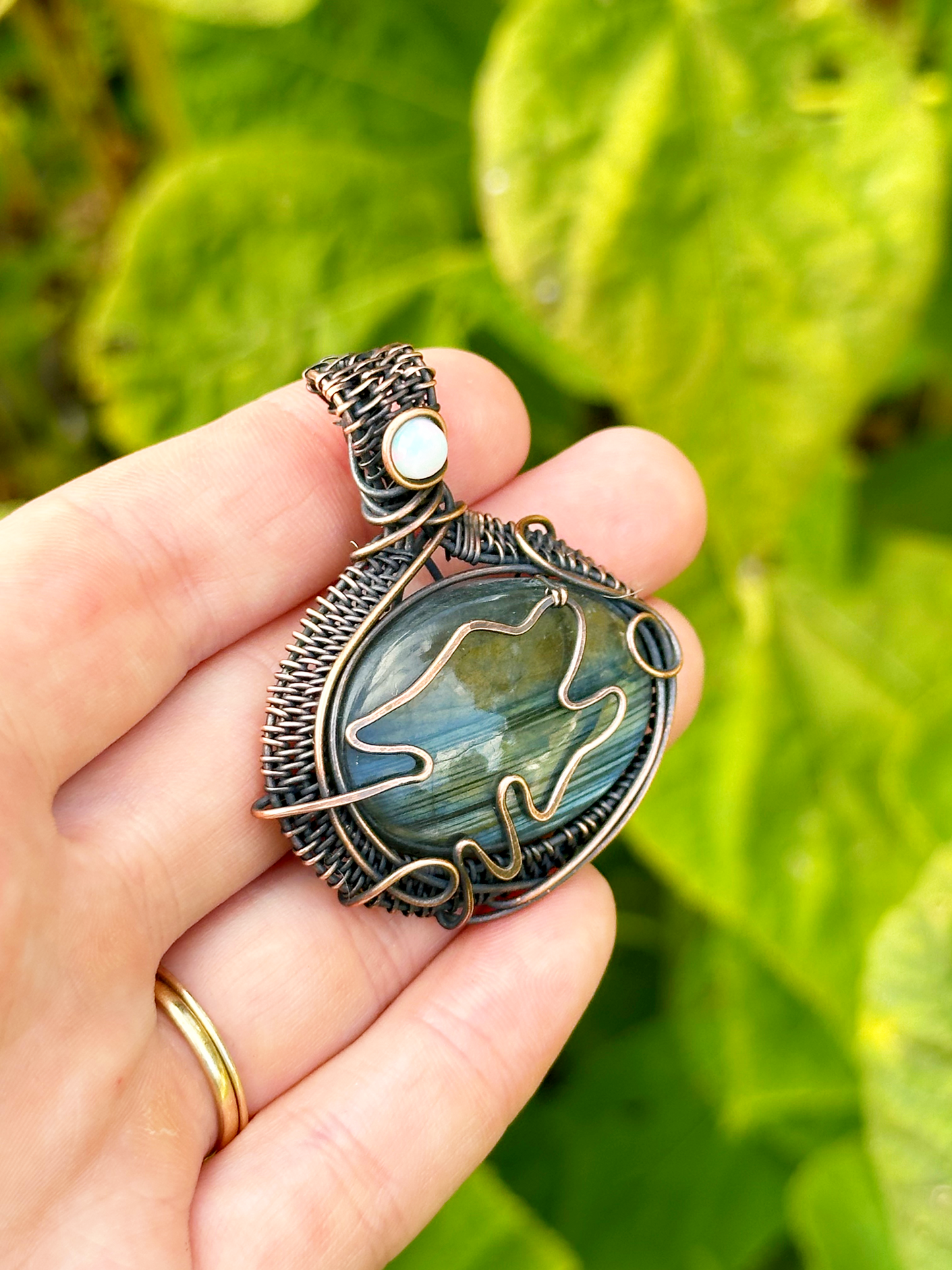 Wolf Labradorite & Opal Crystal Copper Pendant