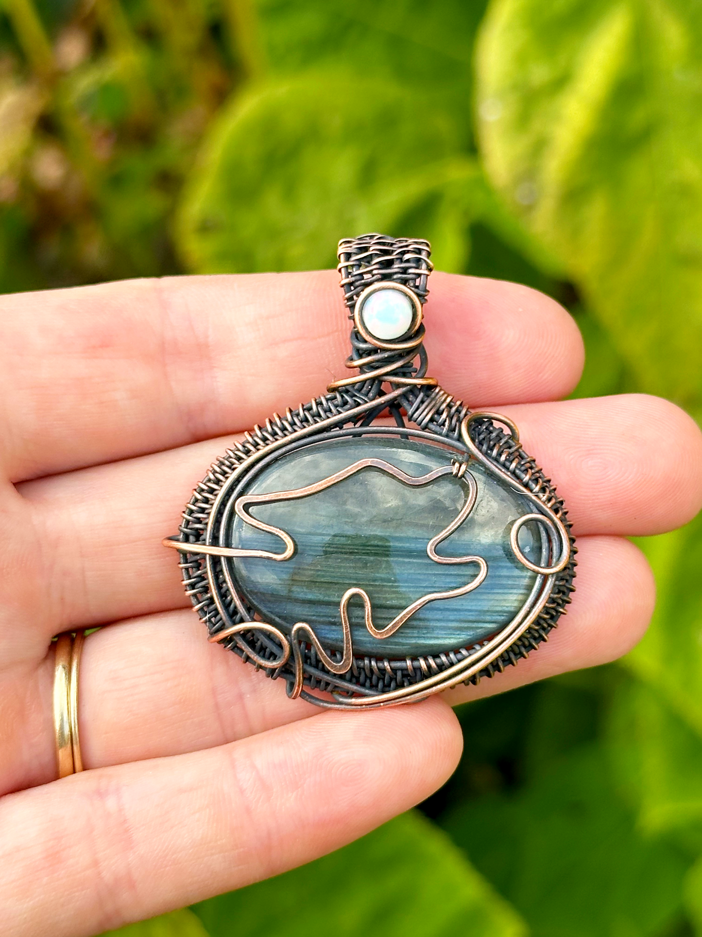 Wolf Labradorite & Opal Crystal Copper Pendant