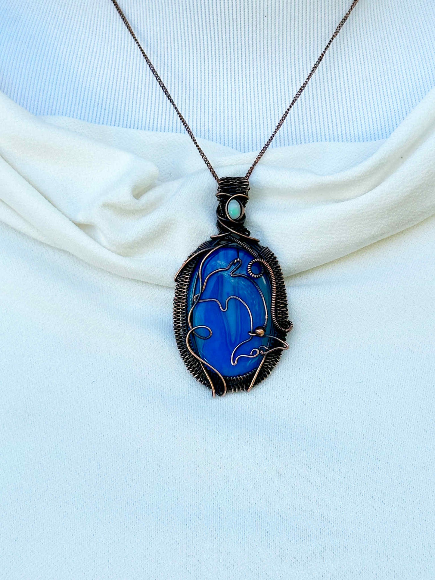 Dolphin Blue Banded Agate Crystal Copper Pendant