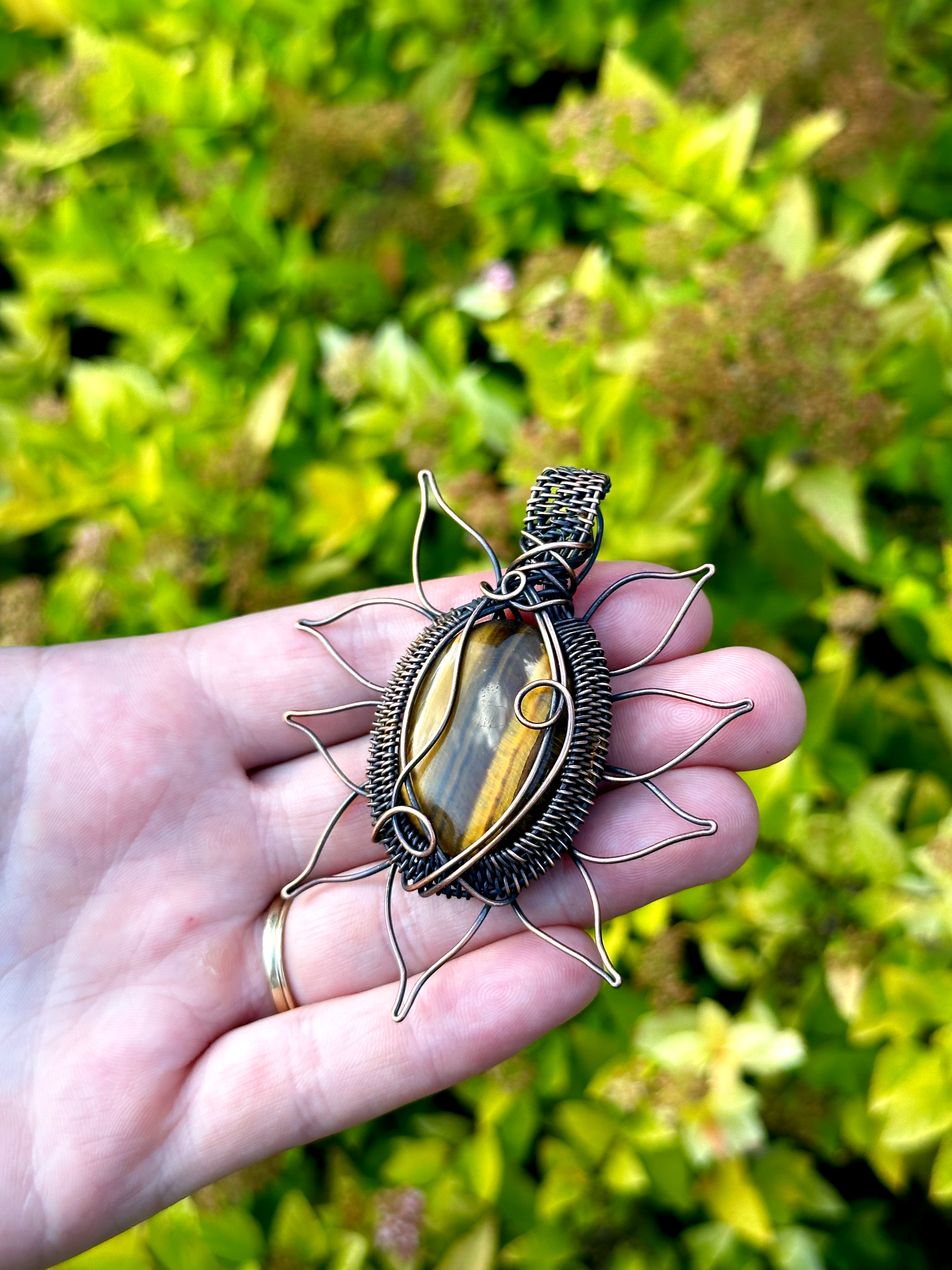 Sunflower Tigers Eye Crystal Copper Pendant