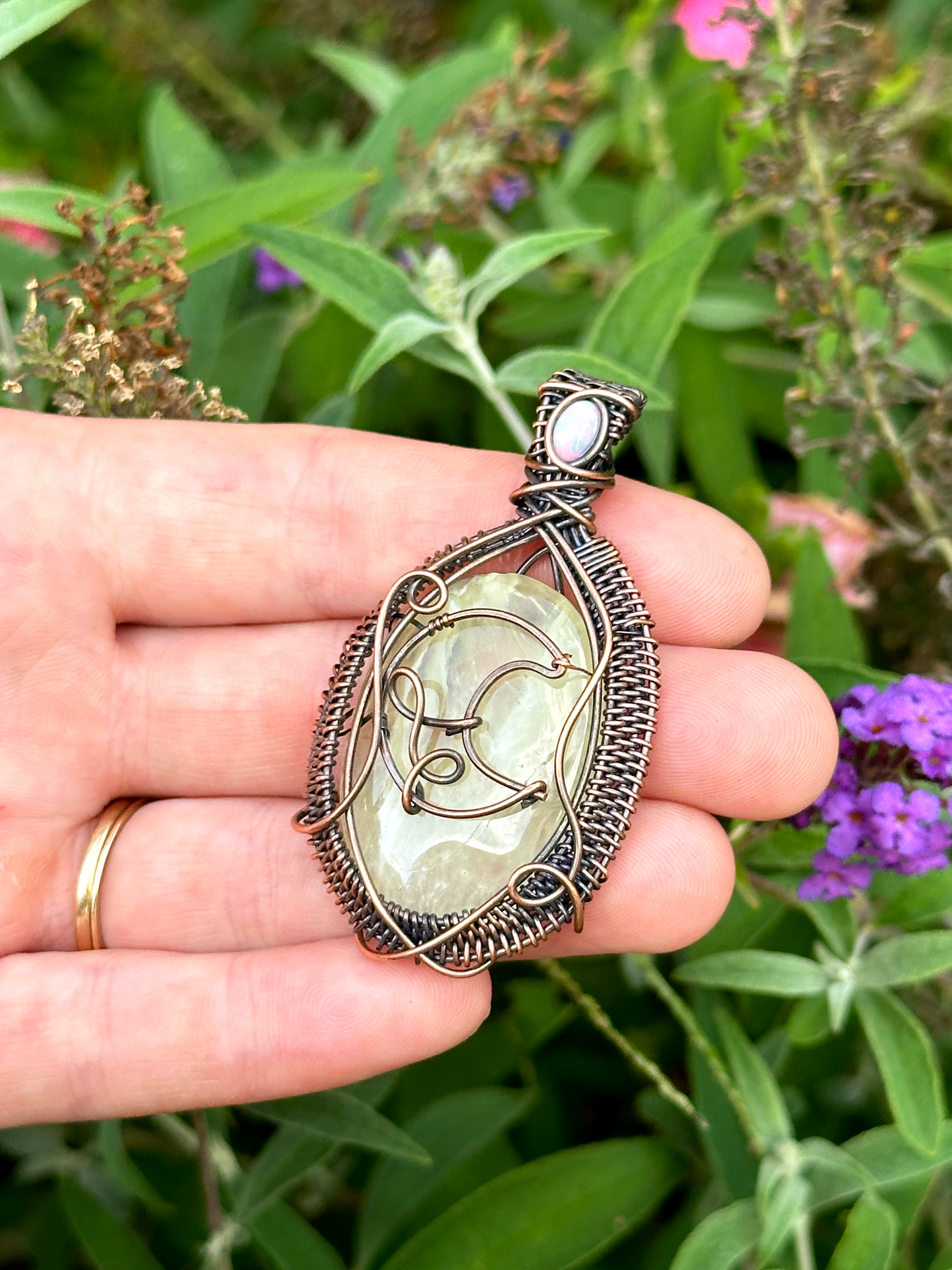 Crescent Moon Prehnite Crystal Copper Pendant